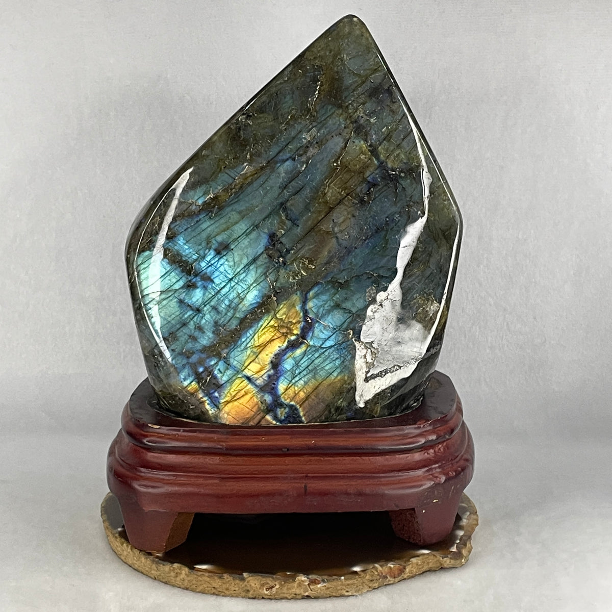 Monumental Natural Labradorite Freeform Pebble Display with Custom Wooden Stand | (3,321.8g | 160.0x130.0x213.0mm | Synergy, Auric Shield, Intuition Amplifier & Transformation Centerpiece)