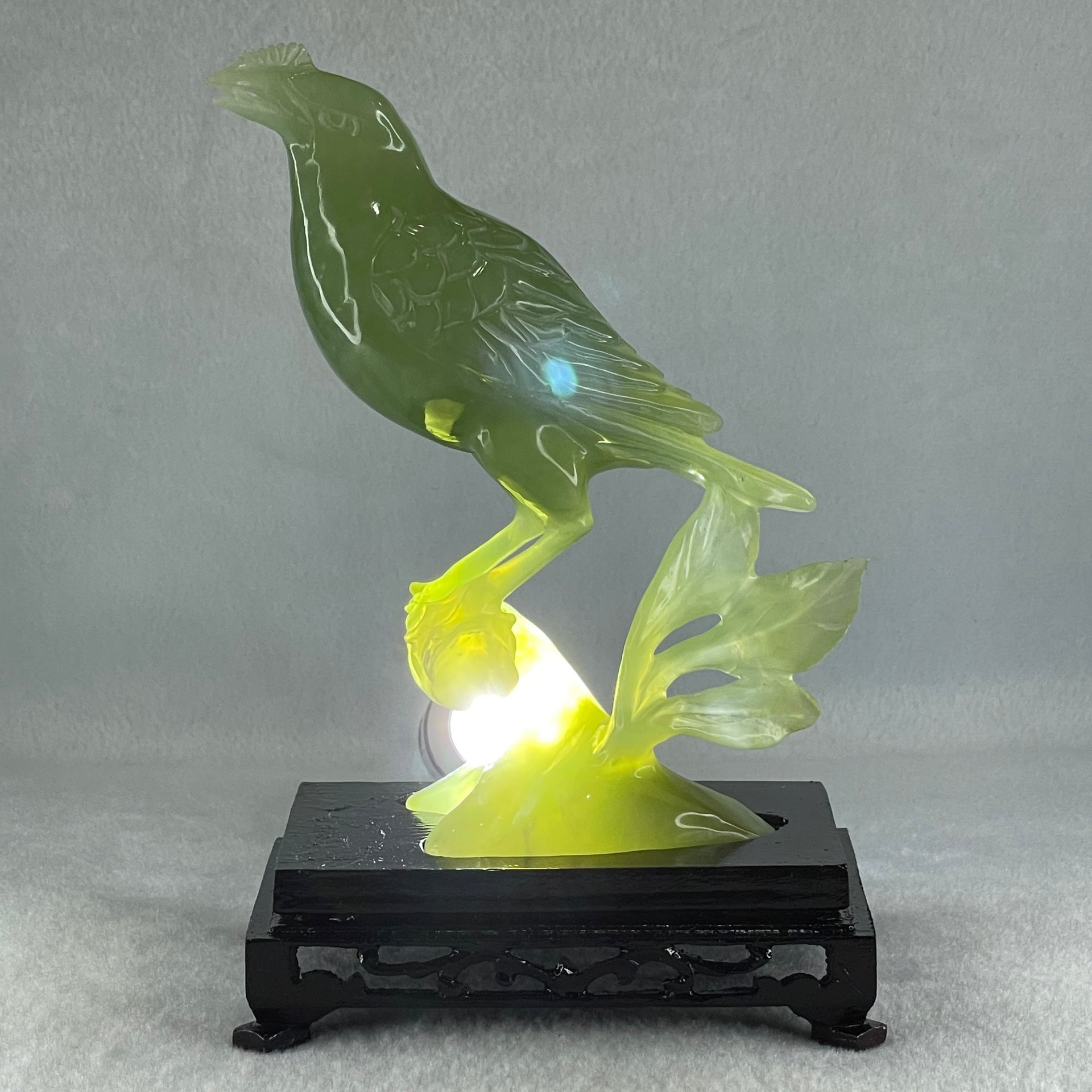 Natural Green Serpentine Javan Mynah Birds on Tree with Wooden Stand Display 418.9g 120.0 by 176.0 by 75.0mm - Huangs Jadeite and Jewelry Pte Ltd