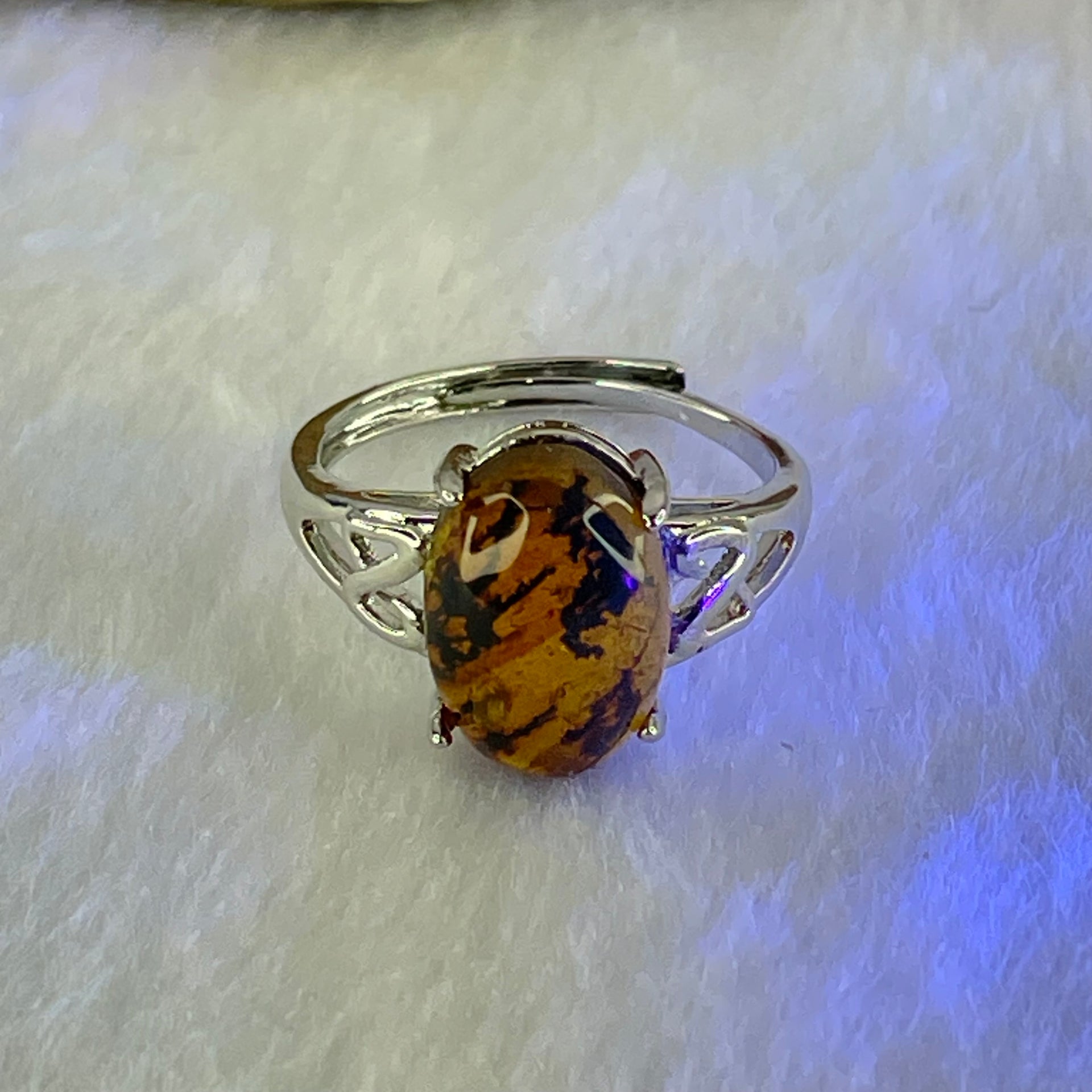 Natural Cognac Amber in S925 Sliver Ring (Adjustable Size) 2.11g 12.7 by 9.0 by 4.5mm - Huangs Jadeite and Jewelry Pte Ltd