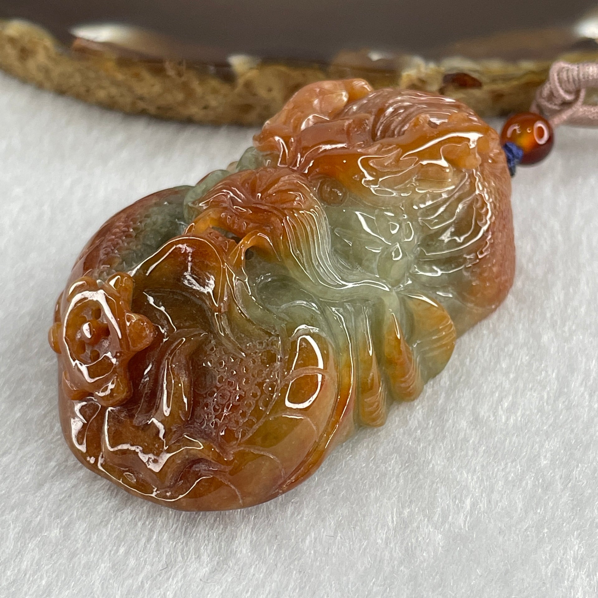 Type A Brownish Red with Green Jadeite Dragon Double Side Pendant 75.20g 58.5 by 36.2 by 22.6mm - Huangs Jadeite and Jewelry Pte Ltd