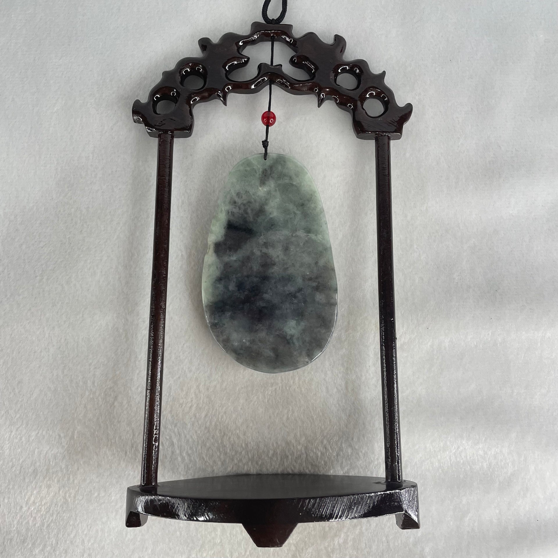 Type A Green With Wuji Grey Piao Hua Jadeite Ksitigarbha Bodhisattva, 地藏王菩萨, the Bodhisattva of Great Aspiration Display 178.8g 111.7 by 51.8 by 200.0mm - Huangs Jadeite and Jewelry Pte Ltd