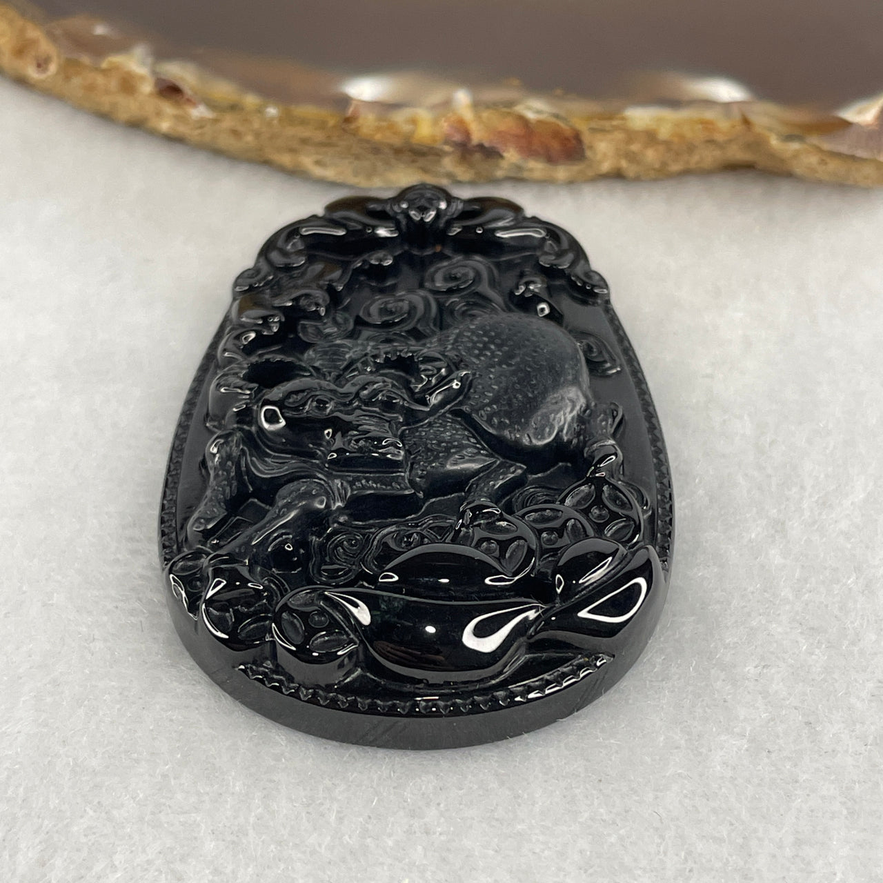 Certified Type A Opaque Black Omphacite Jadeite Ox with Twin Bat & Coins Pendant | Steadfast Prosperity, Double Fortune & Ox Zodiac Protection Talisman (27.72g | 60.0 x 40.2 x 9.0mm)