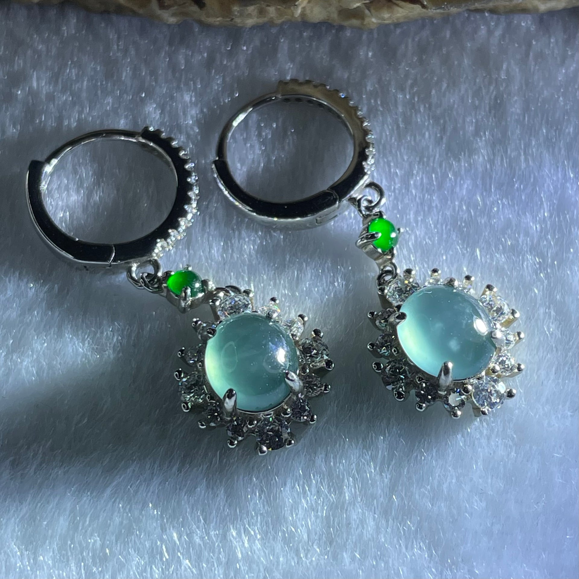Type A icy Blueish Green Jadeite Cabochons With Crystals in S925 Sliver Earrings 4.51g 7.7 by 6.7 by 3.5mm - Huangs Jadeite and Jewelry Pte Ltd