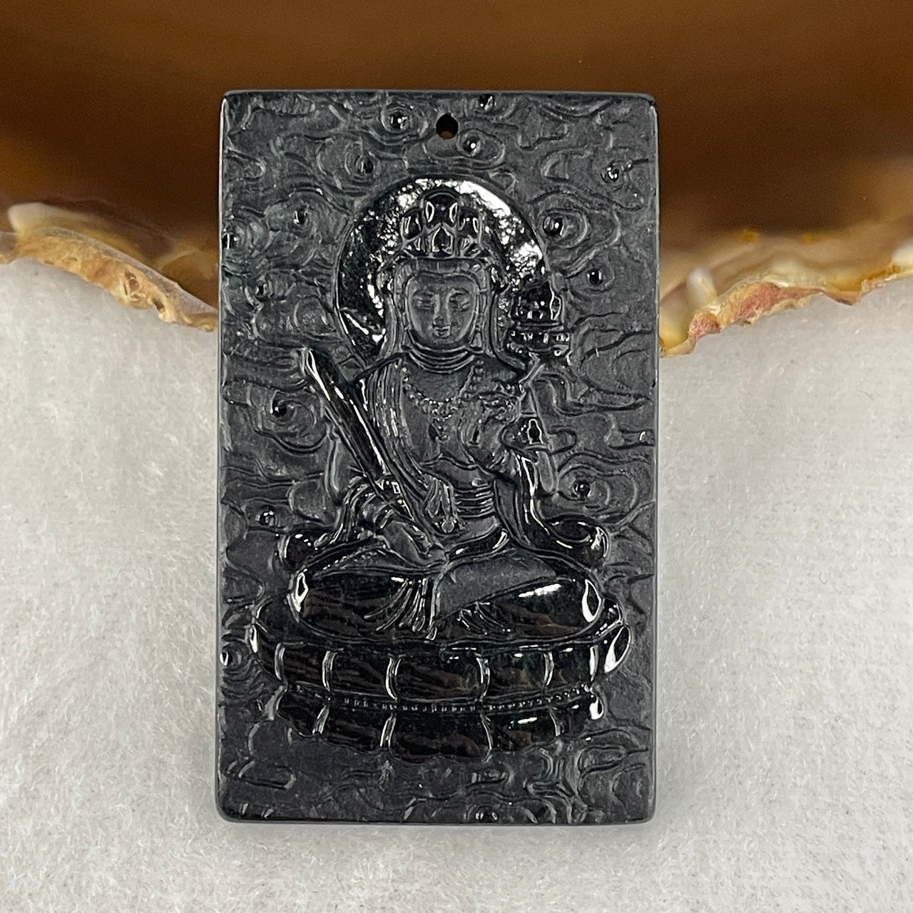 Certified Type A Black Omphacite Jadeite Akasagarbha Bodhisattva & Jade Emperor Pendant | 52mm Natural Black Jade Space Treasury & Celestial Governance Talisman (26.55g | 52.1 x 21.4 x 7.0mm)