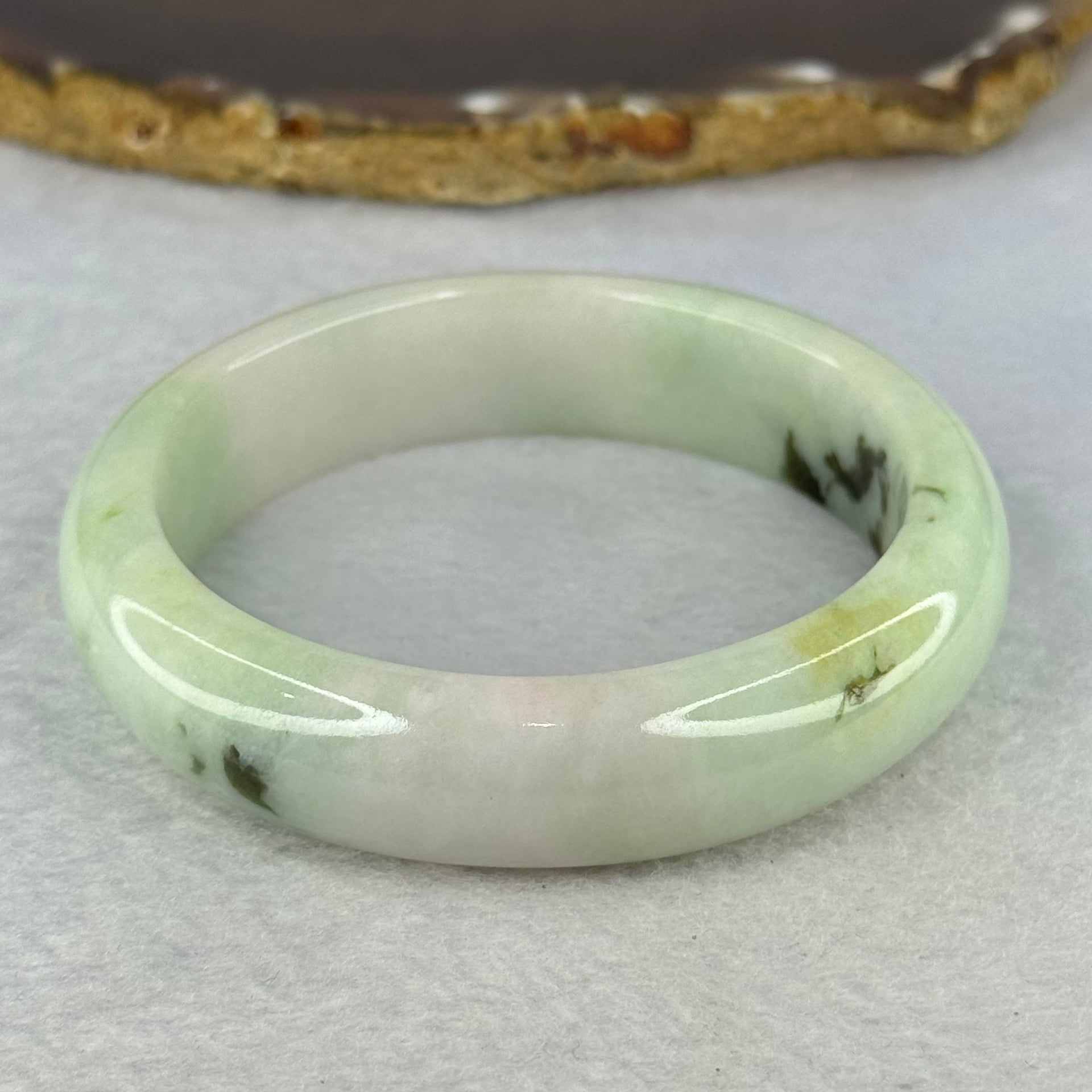 Type A Light Green Lavender Yellow with Moss Green Patches Jadeite Bangle Internal Diameter 57.5mm 72.52g 15.2 by 8.7mm (Very Fine External Rough) - Huangs Jadeite and Jewelry Pte Ltd