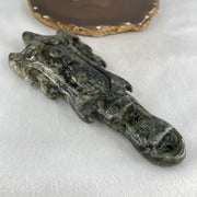 Type A Green with Dark Green to Black Piao Hu Flora Jadeite Axe with Yin and Yang 320.38g with Wooden Stand Display Total 904.5g 170.0 by 124.0 by 195.0mm - Huangs Jadeite and Jewelry Pte Ltd