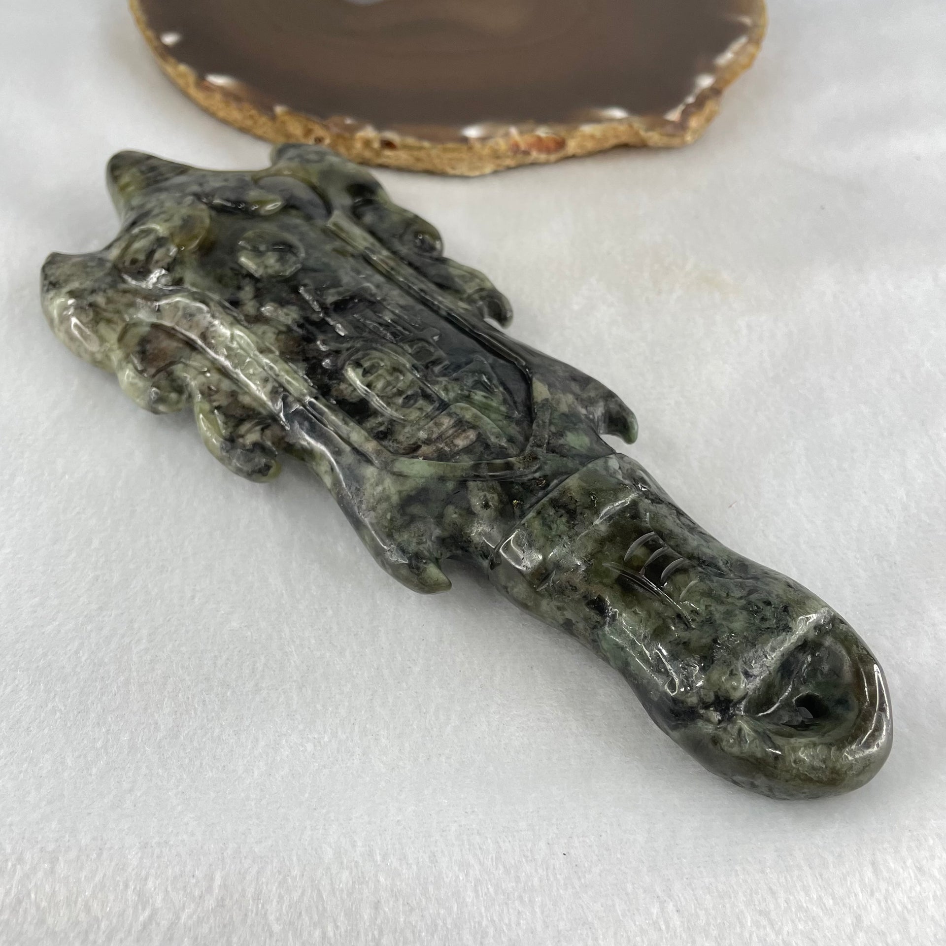 Type A Green with Dark Green to Black Piao Hu Flora Jadeite Axe with Yin and Yang 320.38g with Wooden Stand Display Total 904.5g 170.0 by 124.0 by 195.0mm - Huangs Jadeite and Jewelry Pte Ltd