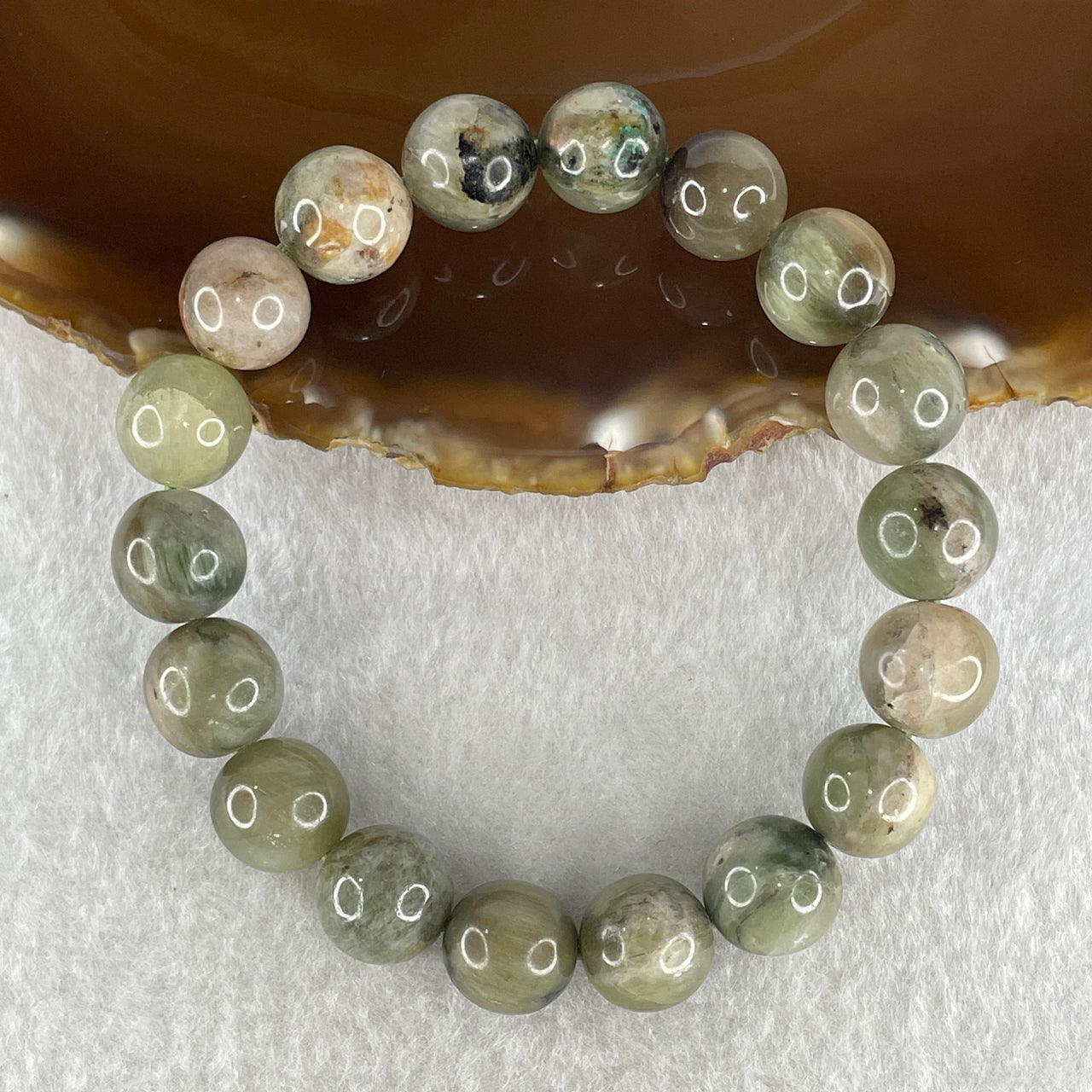 Natural Green Serpentine with White and Brown Beads Bracelet 37.90g 16.5cm 11.5mm 18Beads - Huangs Jadeite and Jewelry Pte Ltd