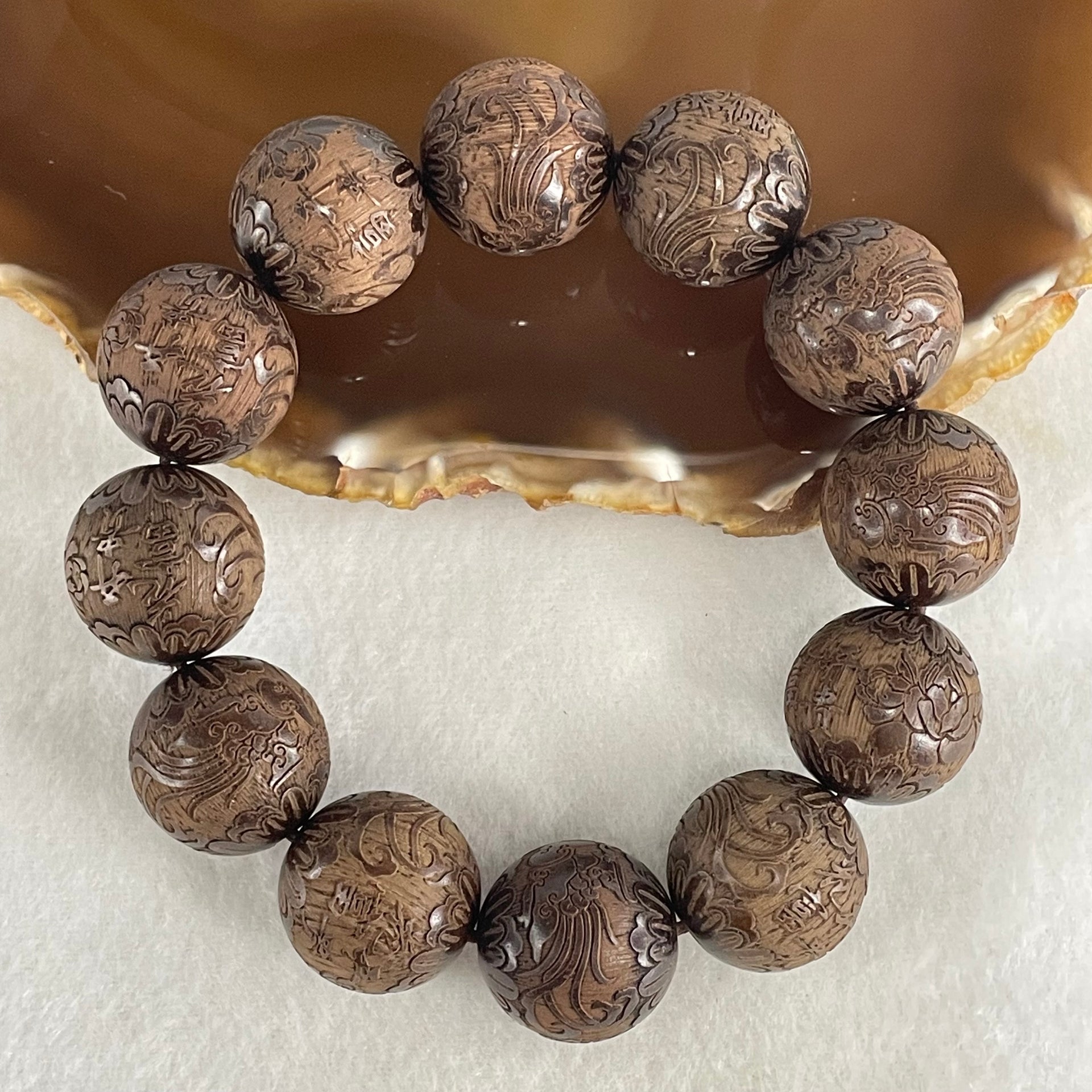 Natural Rosewood with Prosperity Flowers and Birds Beads Bracelet 64.48g 18cm 20.1mm 12 Beads - Huangs Jadeite and Jewelry Pte Ltd
