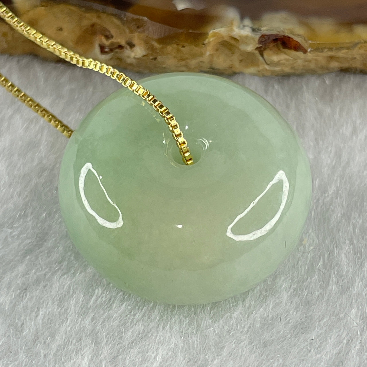 Natural Type A Apple Green Jadeite Ping An Kou Donut Pendant in Gold Color Stainless Steel Necklace Signifying Protection Blessings 15.30g 23.1 by 12.0mm
