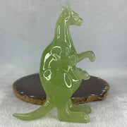 Natural Green Serpentine Kangaroo with Baby with Wooden Stand Display 382.2g 119.5 by 63.0 by 159.0mm - Huangs Jadeite and Jewelry Pte Ltd