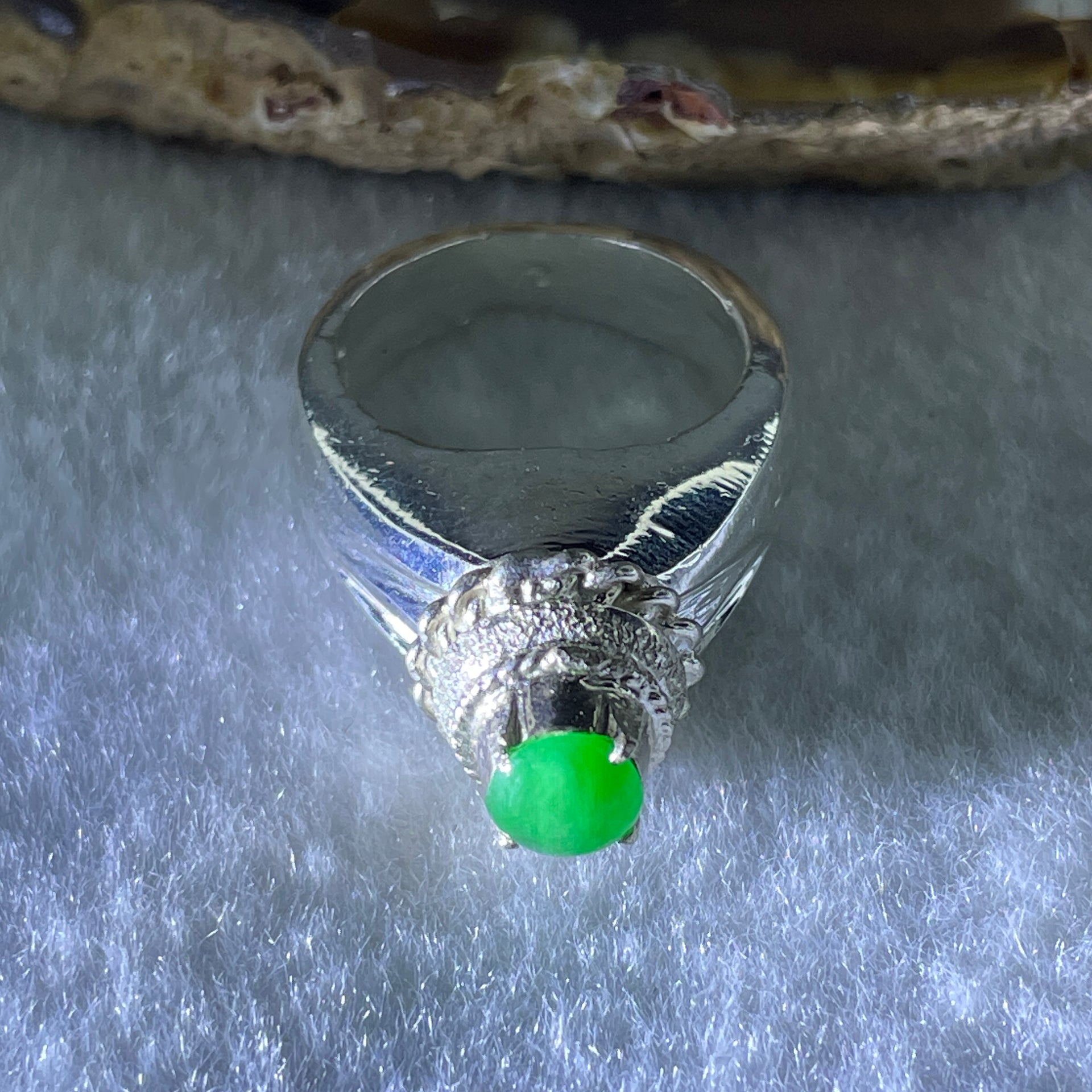 Type A Natural Apple Green Jadeite Cabochon 5.9 by 5.9 by 1.8mm Stone for Setting 9.18g (On Silver Ring Mold) US 6.3 HK 13.8 - Huangs Jadeite and Jewelry Pte Ltd