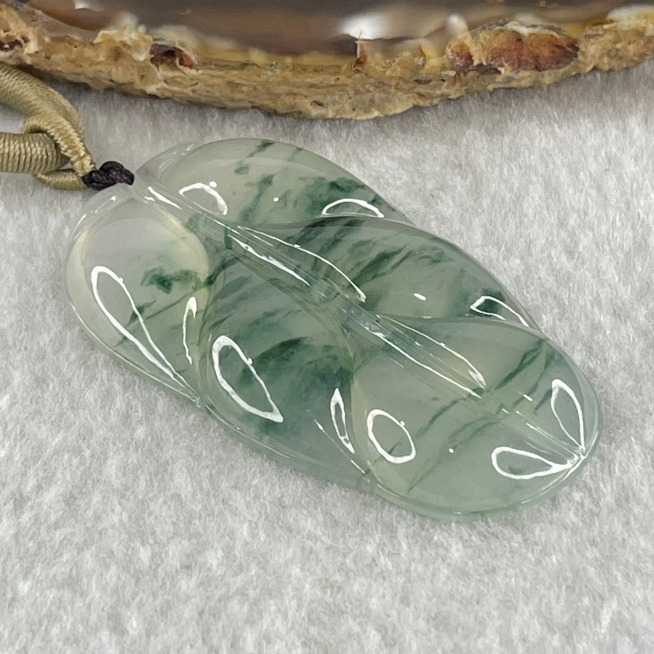 High Quality Type A Natural Icy Green with Blueish Green Flora Piao Hua Jadeite Leaf Pendant 15.63g 52.9 by 31.1 by 5.6mm - Huangs Jadeite and Jewelry Pte Ltd