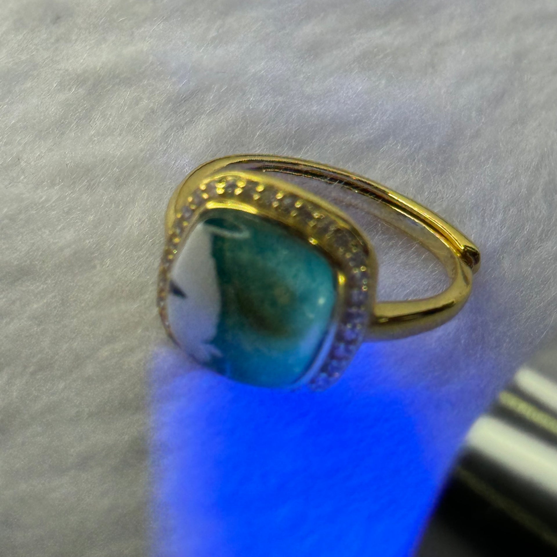 Natural Green Amber with Milk Inclusions in S925 Sliver Gold Color Ring (Adjustable Size) 2.26g 8.9 by by 2.5mm - Huangs Jadeite and Jewelry Pte Ltd