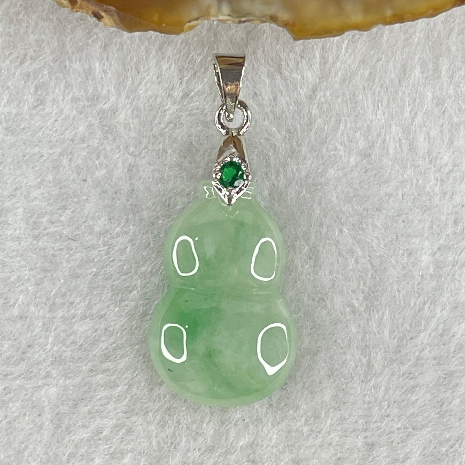 Natural Type A Semi Icy Light Green with Apple Green Piao Hua Flora Jadeite Calabash Hulu Pendant in Stainless Steel Clasp 2.44g 21.0 by 13.8 by 4.9mm - Huangs Jadeite and Jewelry Pte Ltd