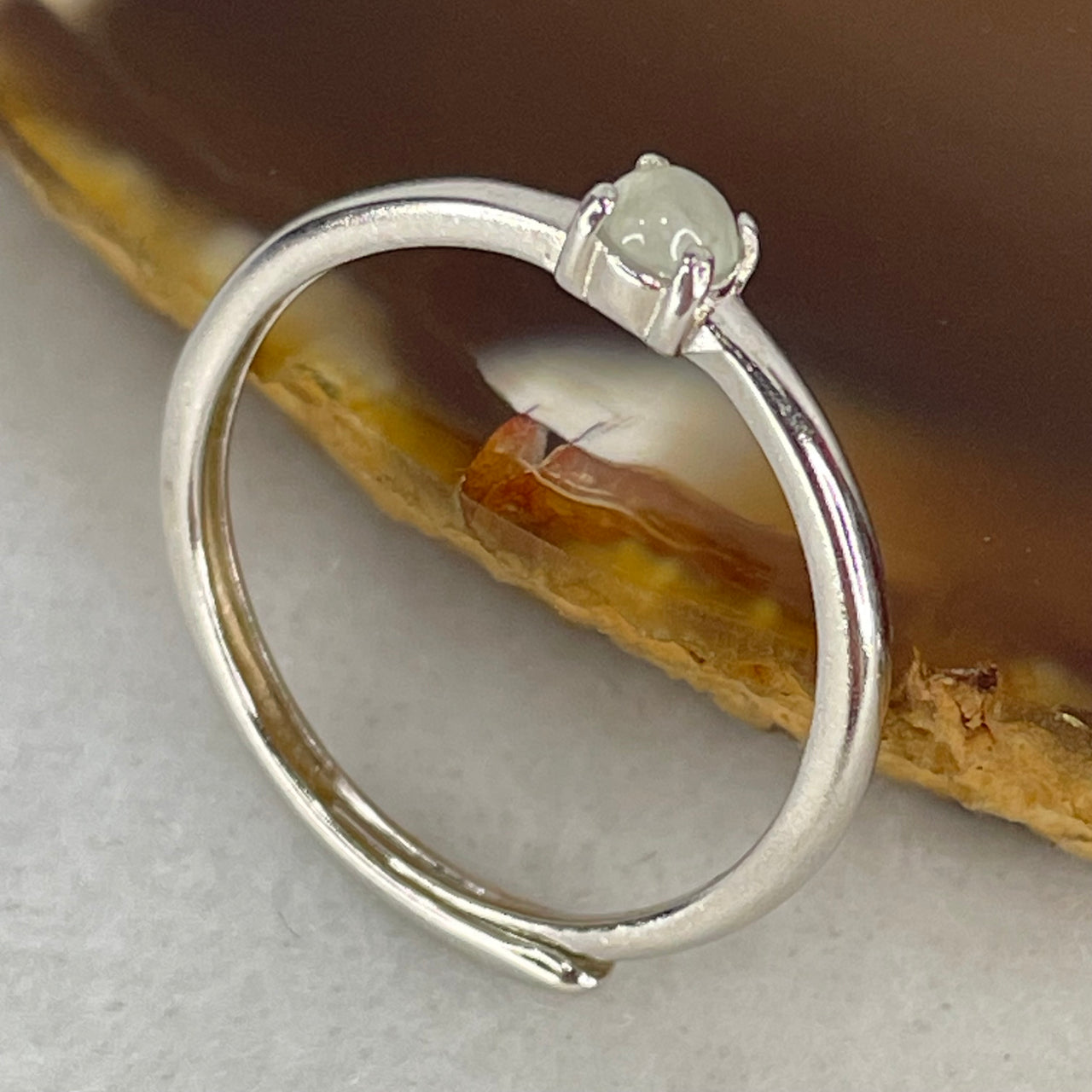 Type A Semi Icy Light Lavender Cabochon Jadeite in S925 Sliver Ring (Adjustable Size) 0.89g 3.1 by 2.0mm - Huangs Jadeite and Jewelry Pte Ltd