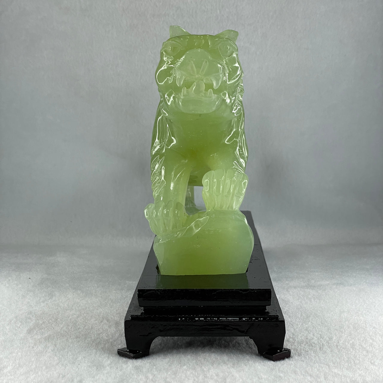 Natural Green Serpentine Tiger with Wooden Stand Display 1711.3g 255.0 by 90.0 by 160.0mm - Huangs Jadeite and Jewelry Pte Ltd