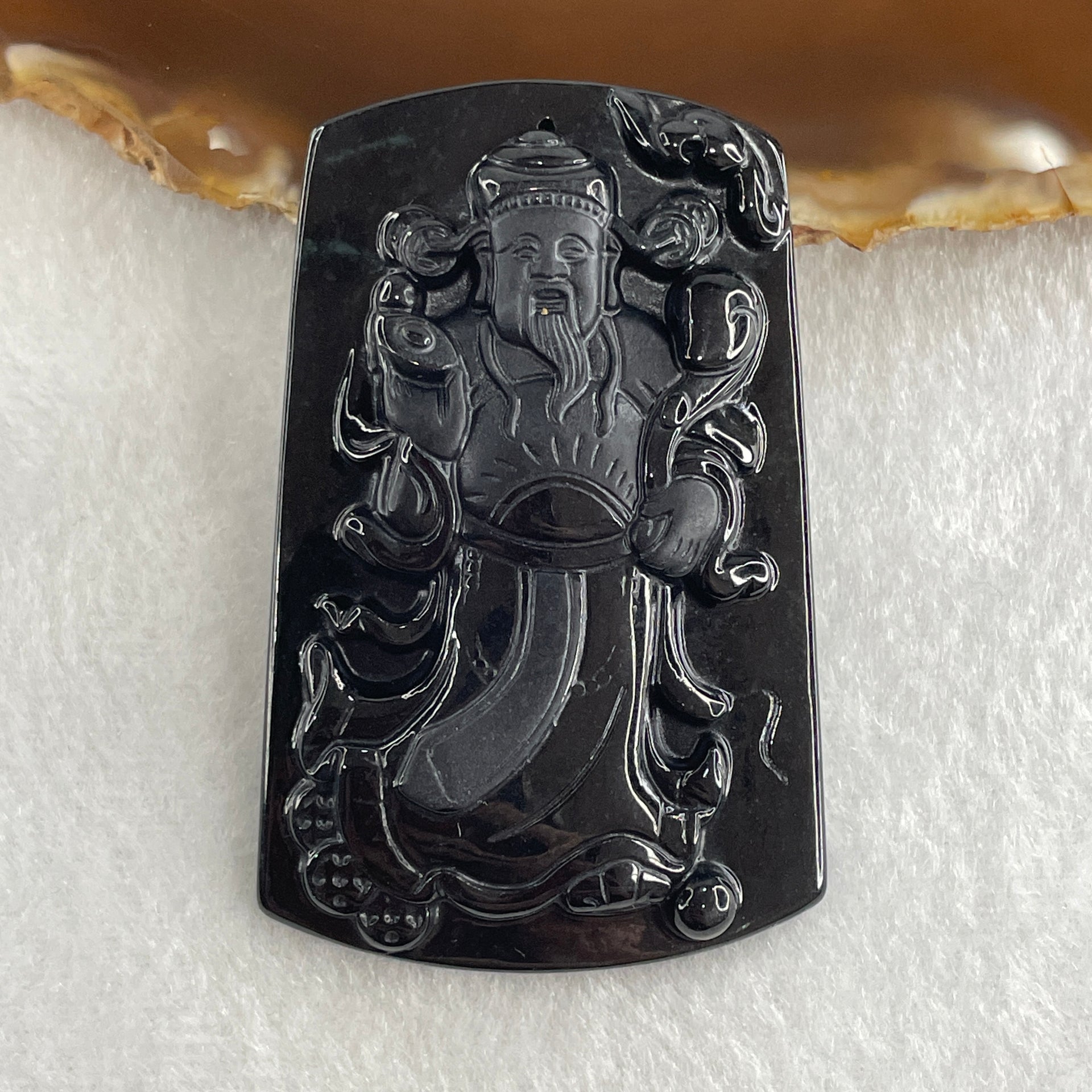 Type A Opaque to Partial Translucent Black Omphacite Jadeite Cai Shen Ye God of Fortune Pendant 26.80g 62.8 by 40.0 by 7.5mm - Huangs Jadeite and Jewelry Pte Ltd