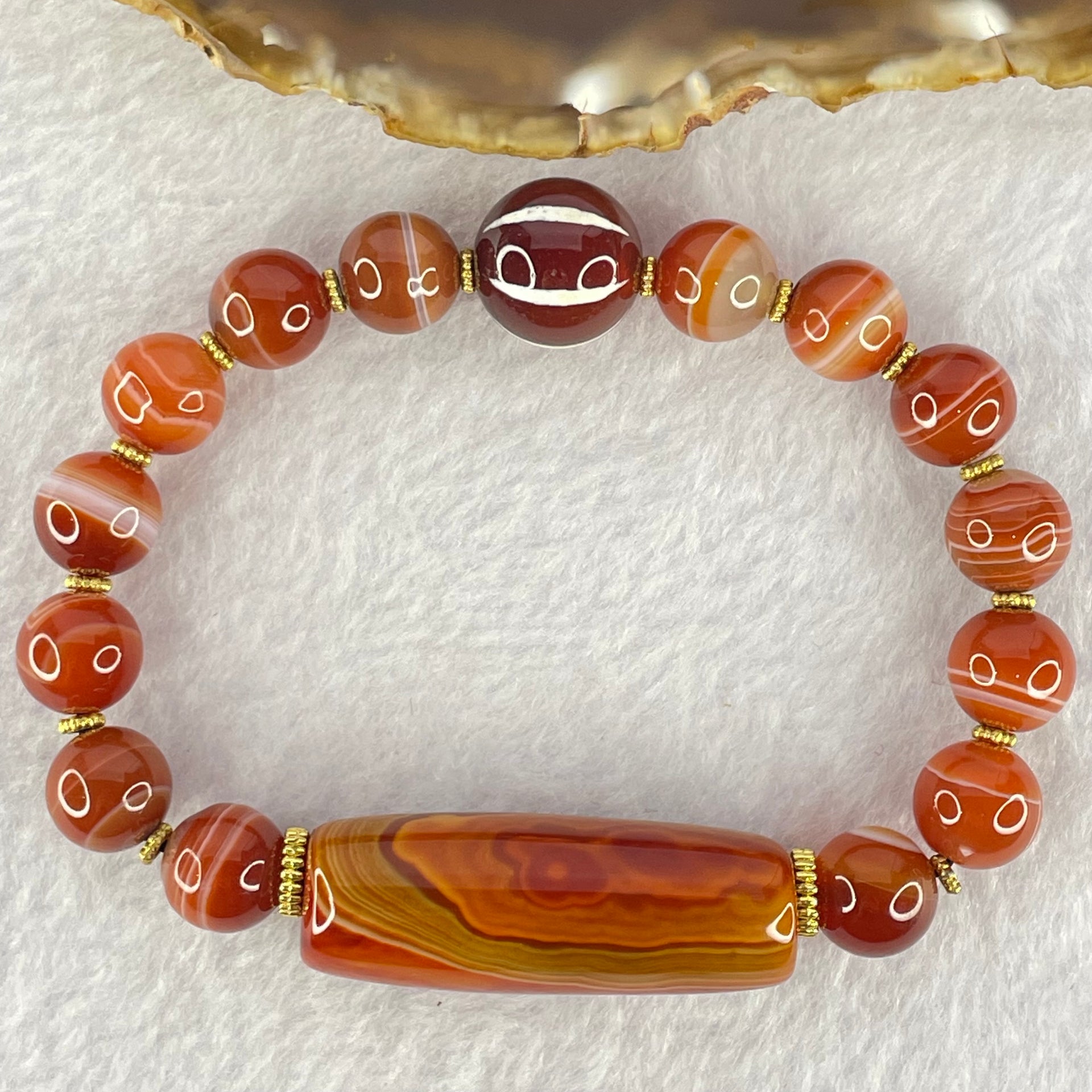 Natural Carnelian Agate Beads Bracelet 40.57g 19cm 36.6 by 10.6mm, 10.6mm 1 Pcs, 6.4mm 14 Beads - Huangs Jadeite and Jewelry Pte Ltd