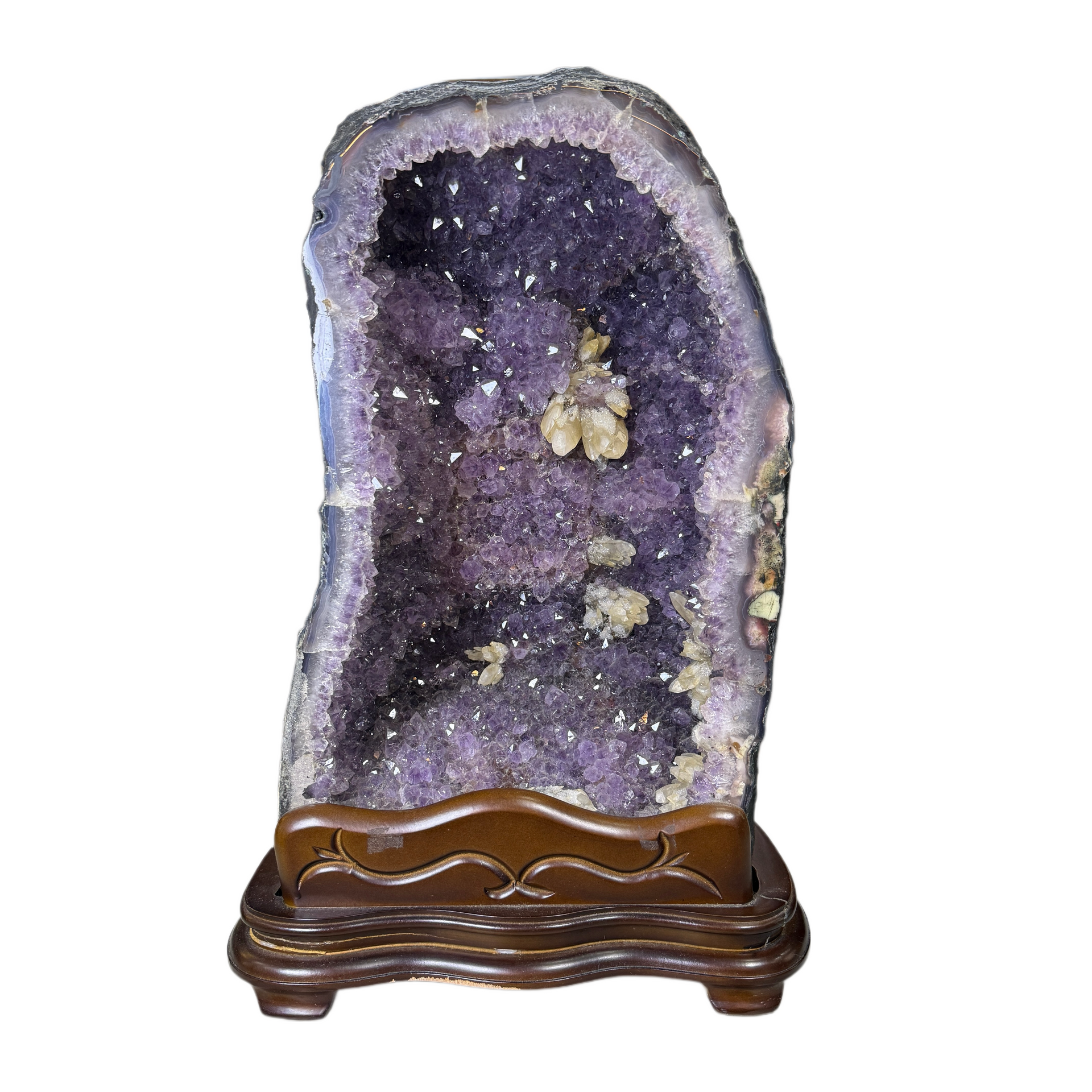 Natural Brazil Triangular Shape Amethyst with White Calcite and  Cacoxenite Cave 24.119,6g 310.0 by 275.0 by 460.0mm - Huangs Jadeite and Jewelry Pte Ltd