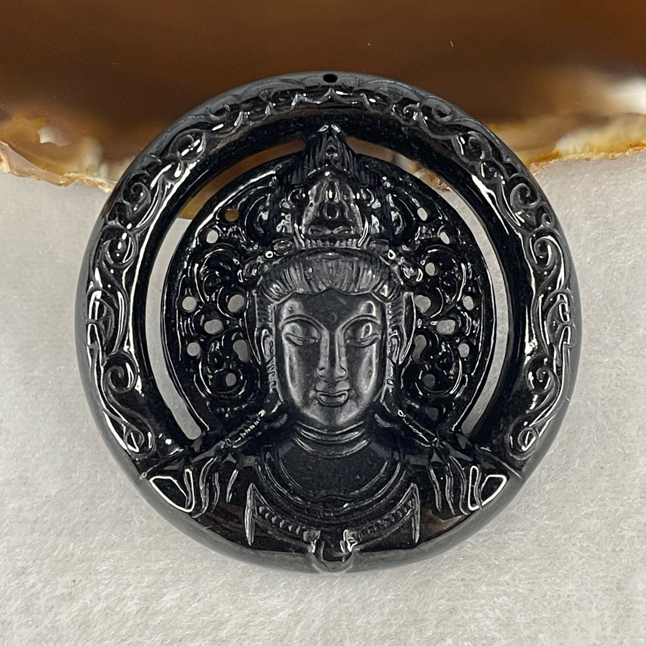 Protection, Peace and Compassion - Certified Natural Type A Black Omphacite Jadeite Guan Yin Face Pendant 31.16g 47.7 by 8.8mm