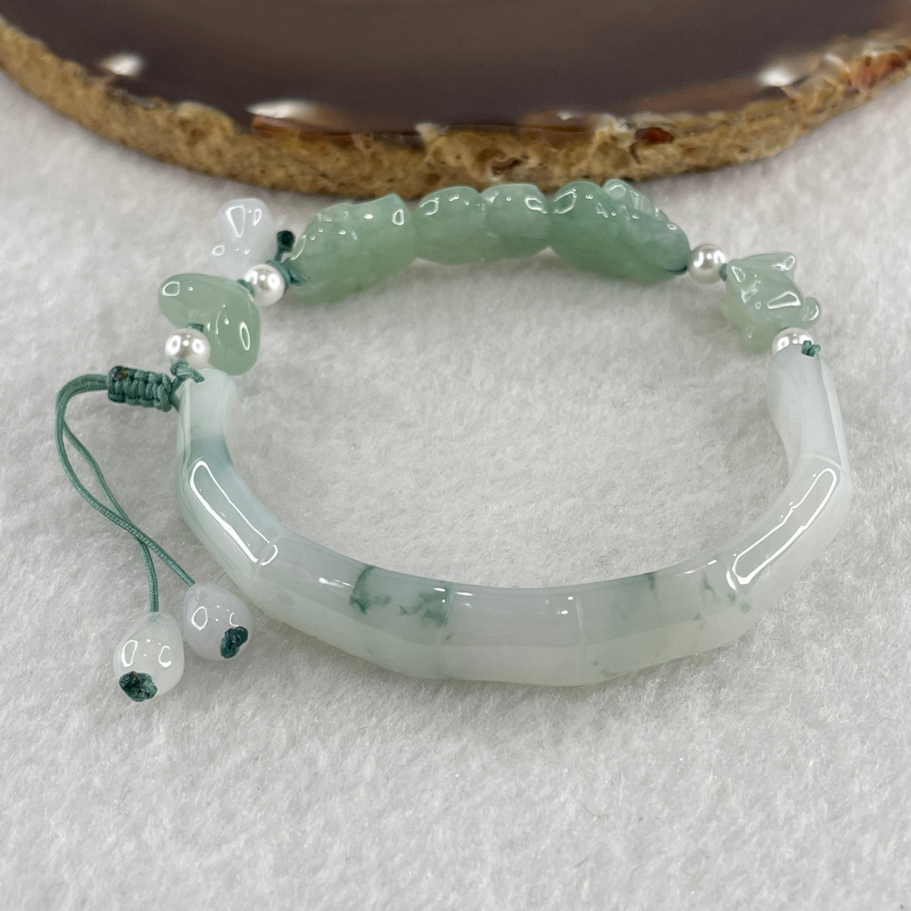 Natural Type A Jelly Light Green with Green Piao Hua Jadeite Bamboo with Flower Bracelet 26.10g 16cm 10.1 by 6.3mm - Flower 43.6 by 11.8 by 6.8mm