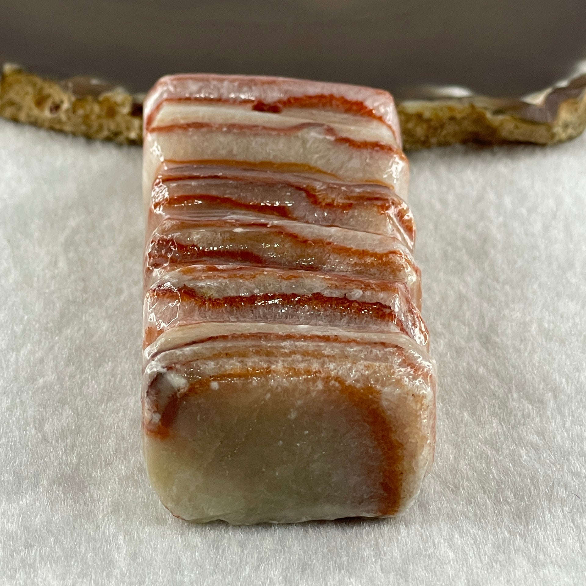 Natural Red Calcite Pork Belly Meat Look Alike Display or handplay 170.54g 39.5 by 23.8 by 90.6mm - Huangs Jadeite and Jewelry Pte Ltd