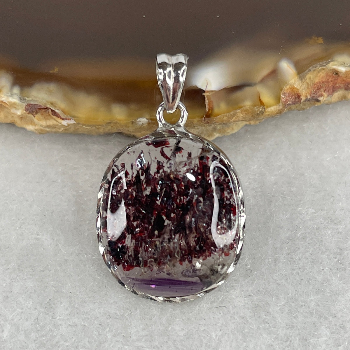 Collectors Grade Natural Firework Super 7 Crystal Cabochon Pendant in S925 Silver Clasp | 16.1mm Firework Super 7 (2.68g | 16.1 by 14.2 by 4.5mm)