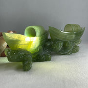 Natural Semi Icy Green Serpentine Double Boats Display 1,692.9g 287.0 by 121.0 by 130.0mm - Huangs Jadeite and Jewelry Pte Ltd