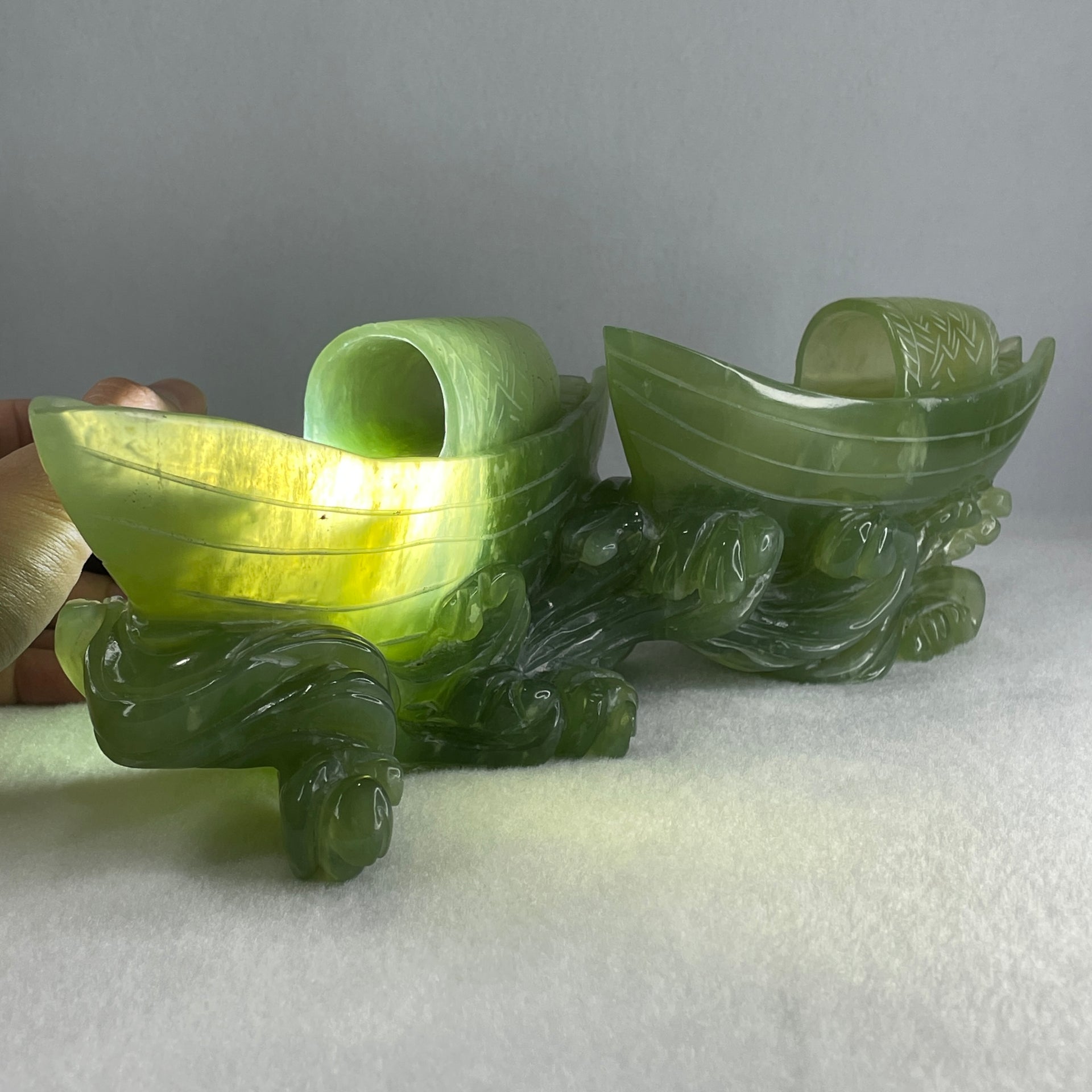 Natural Semi Icy Green Serpentine Double Boats Display 1,692.9g 287.0 by 121.0 by 130.0mm - Huangs Jadeite and Jewelry Pte Ltd