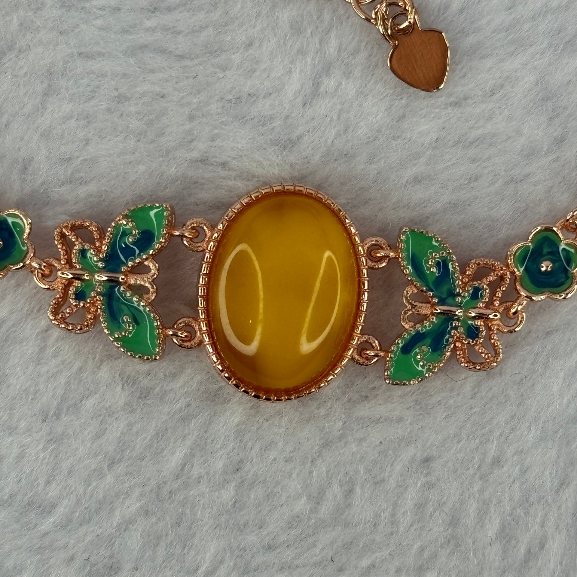 Natural Butterscotch Amber Beads Silver Rose Gold Color Butterfly Bracelet 6.04g 15.7 by 11.8 by 4.5mm - Huangs Jadeite and Jewelry Pte Ltd