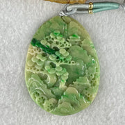 Type A Green with Yellow Spicy Green Piao Hua and Light Brown Patches Jadeite Double Sided Shan Shui with Gui Ren Benefactor Pendant 30.43g 54.0 by 40.8 by 8.4mm - Huangs Jadeite and Jewelry Pte Ltd