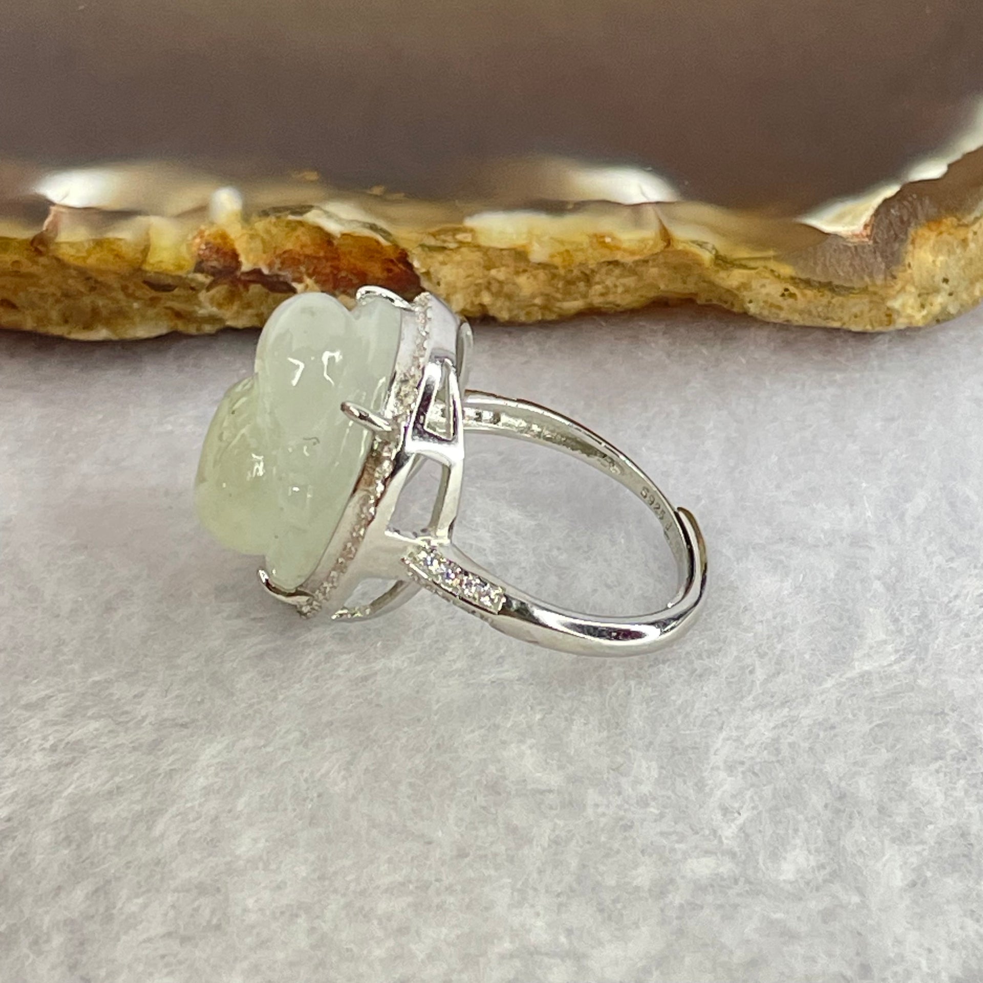 Type A Faint Lavender Green Jadeite Milo Buddha in S925 Ring (Adjustable Size) 5.80g 16.5 by 16.5 by 7.0mm - Huangs Jadeite and Jewelry Pte Ltd