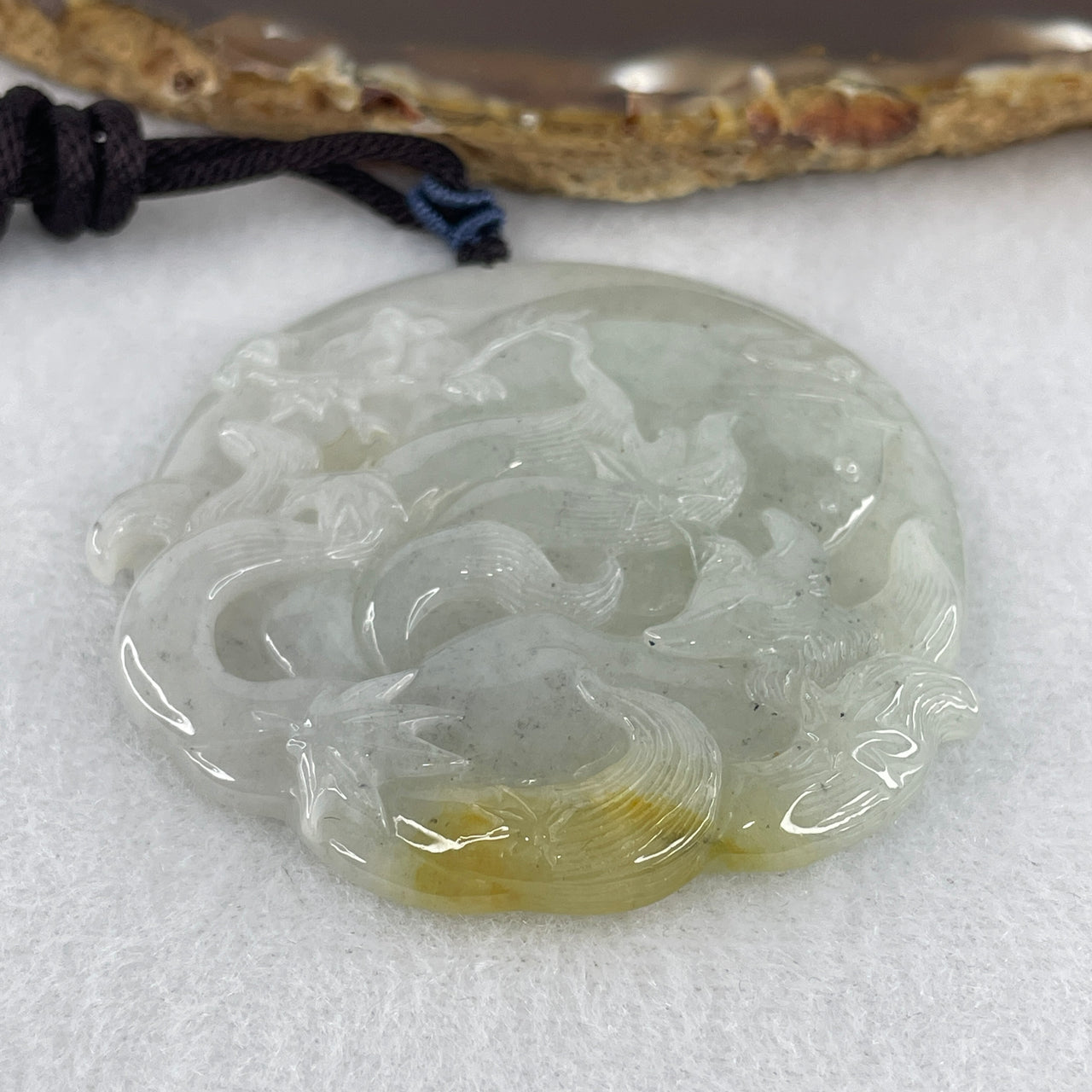 Natural Type A Multi-Color Jadeite Nine-Tailed Fox & Twin Birds Pendant | Masterpiece Hand-Carved Myanmar Feicui | Supreme Charisma, Protection & Relationship Harmony Amulet (33.19g | 57.3x55.6x5.3mm)