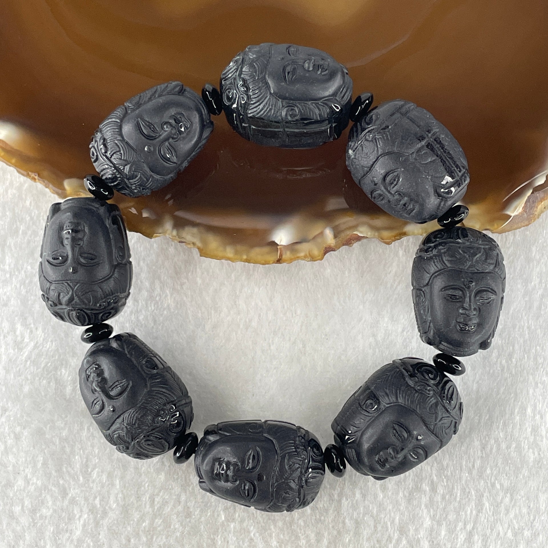 Type A Opaque Black Omphacite Jadeite Guan Yin Head Beads Bracelet 117.05g 16cm 19.7mm 8 Beads - Huangs Jadeite and Jewelry Pte Ltd