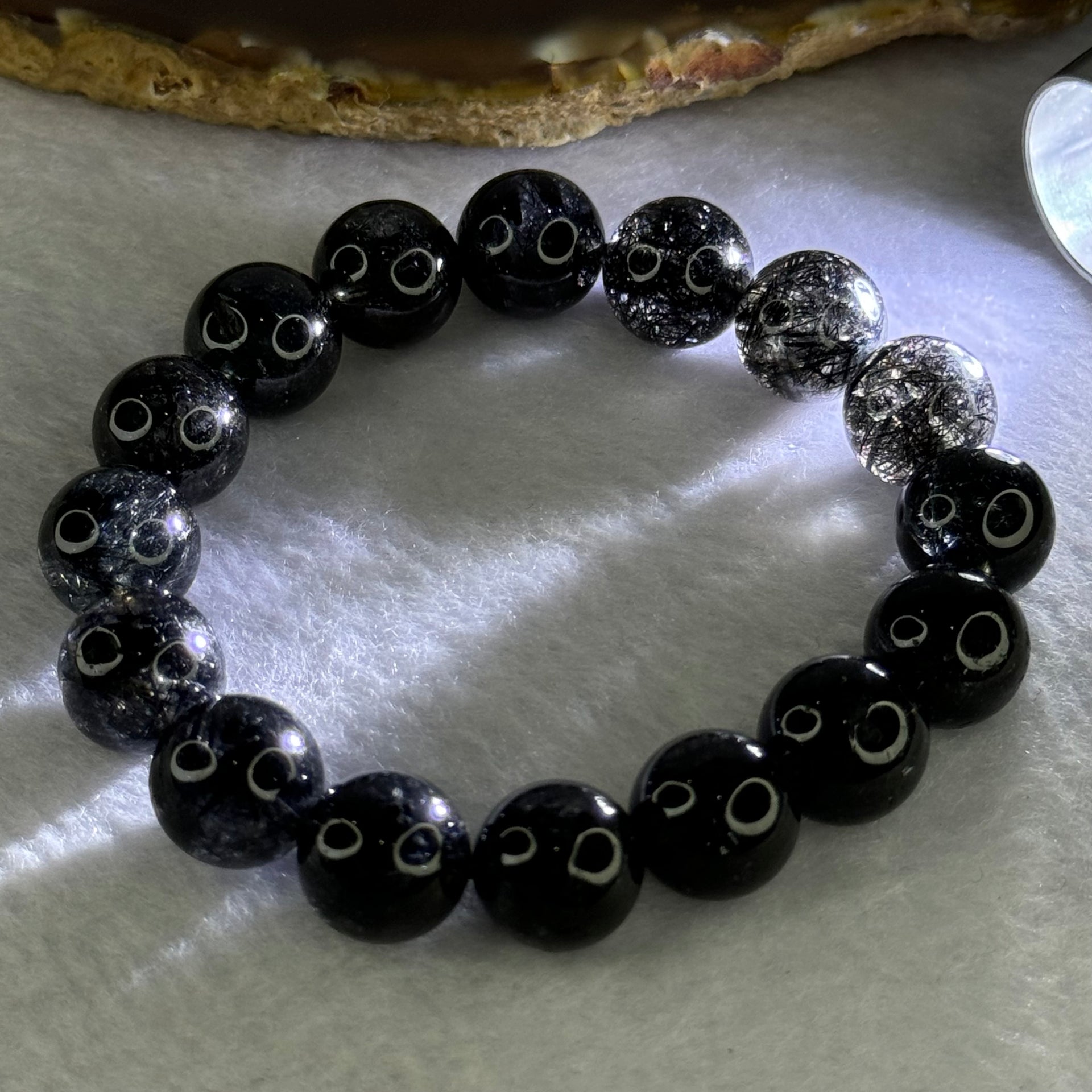 Natural Black Rutilated Quartz Beads Bracelet 天然黑发水晶手链 45.82g 17.5cm 12.8mm 16 Beads - Huangs Jadeite and Jewelry Pte Ltd
