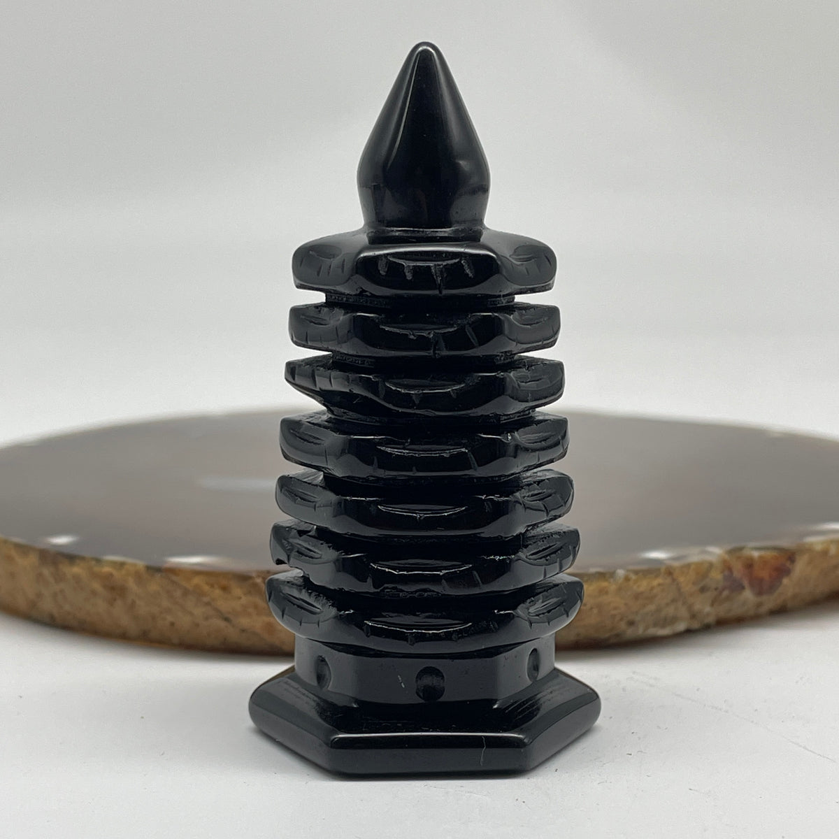 Natural Black Obsidian Pagoda Display | (82.71g | 38.5 x 34.5 x 73.5mm | Catalyst, "Wen Chang" Academic Excellence & Career Promotion Anchor, Traditional Spatial Shielding Specimen)
