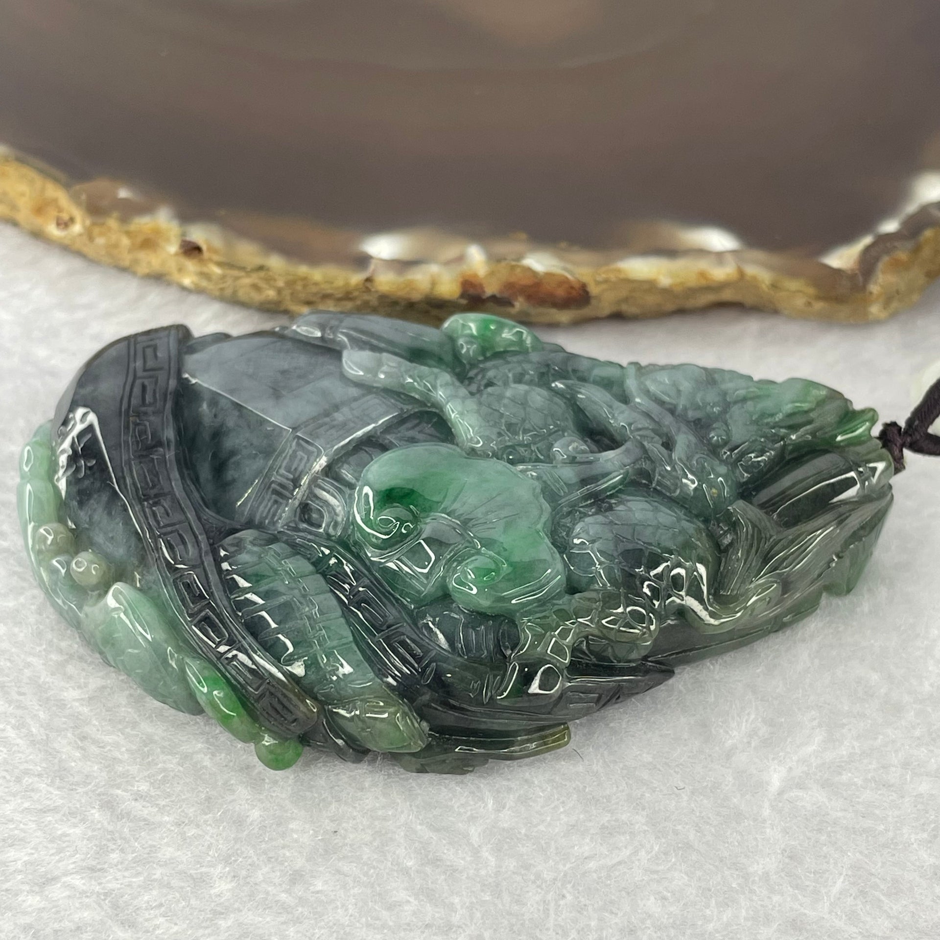 Rare Type A Wuji Grey with Spicy Green Jadeite Qilin Kirin with Phoenix, Ruyi and Treasure 95.01g 77.5 by 49.0 by 14.5 mm - Huangs Jadeite and Jewelry Pte Ltd