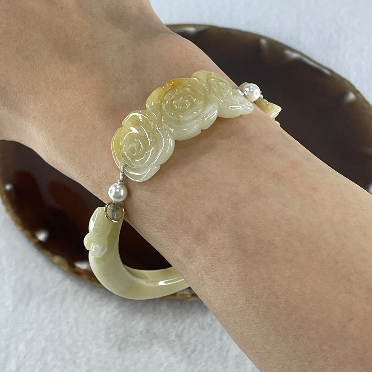 Natural Type A Light Yellowish with Light Green Jadeite Flowers with Dragon Head and Butterfly Bracelet 25.67g 7.2 by 8.4mm - Flower 40.4 by 16.5 by 6.1mm - Huangs Jadeite and Jewelry Pte Ltd