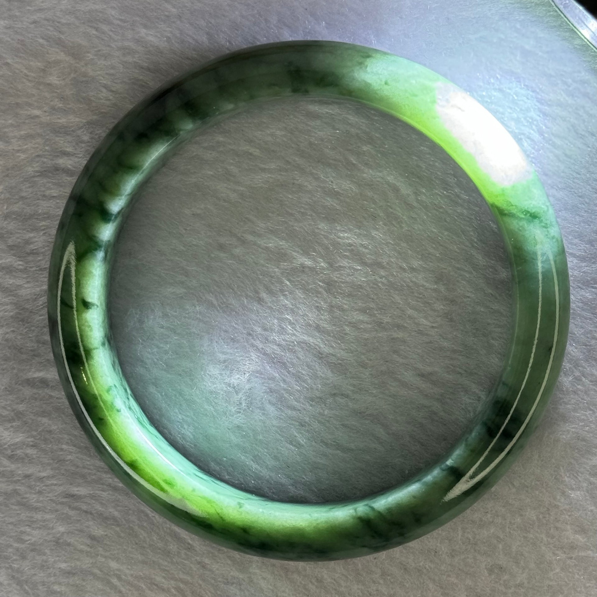 Type A Spicy Green with Dark Green Piao Hua Jadeite Bangle Internal Diameter 58.3mm 59.99g 12.6 by 8.7mm (Close to Perfect) - Huangs Jadeite and Jewelry Pte Ltd