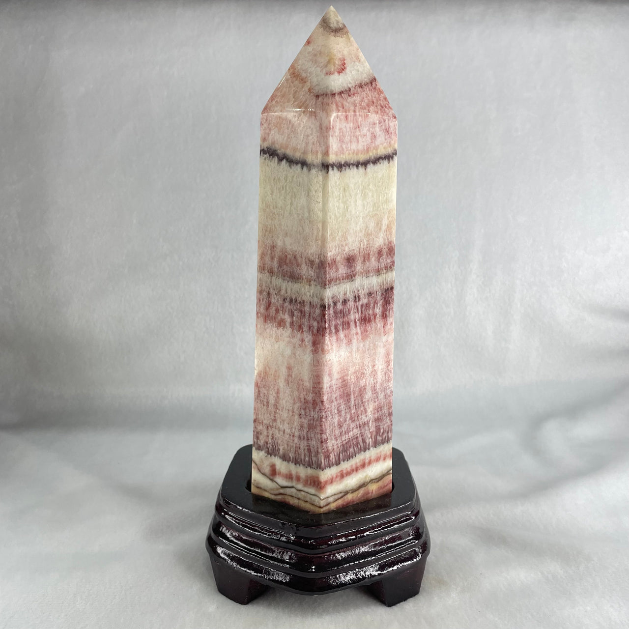 Natural Pink Calcite Tower with Wooden Stand Display 1527.4g 105.5 by 99.5 by 230.0mm - Huangs Jadeite and Jewelry Pte Ltd
