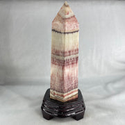 Natural Pink Calcite Tower with Wooden Stand Display 1527.4g 105.5 by 99.5 by 230.0mm - Huangs Jadeite and Jewelry Pte Ltd