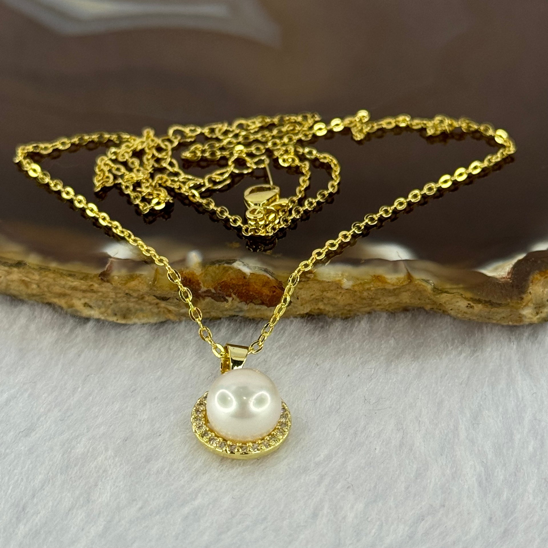 Natural Pearl in Sliver Gold Color Necklace 太阳珍珠项链 3.13g 8.4mm - Huangs Jadeite and Jewelry Pte Ltd