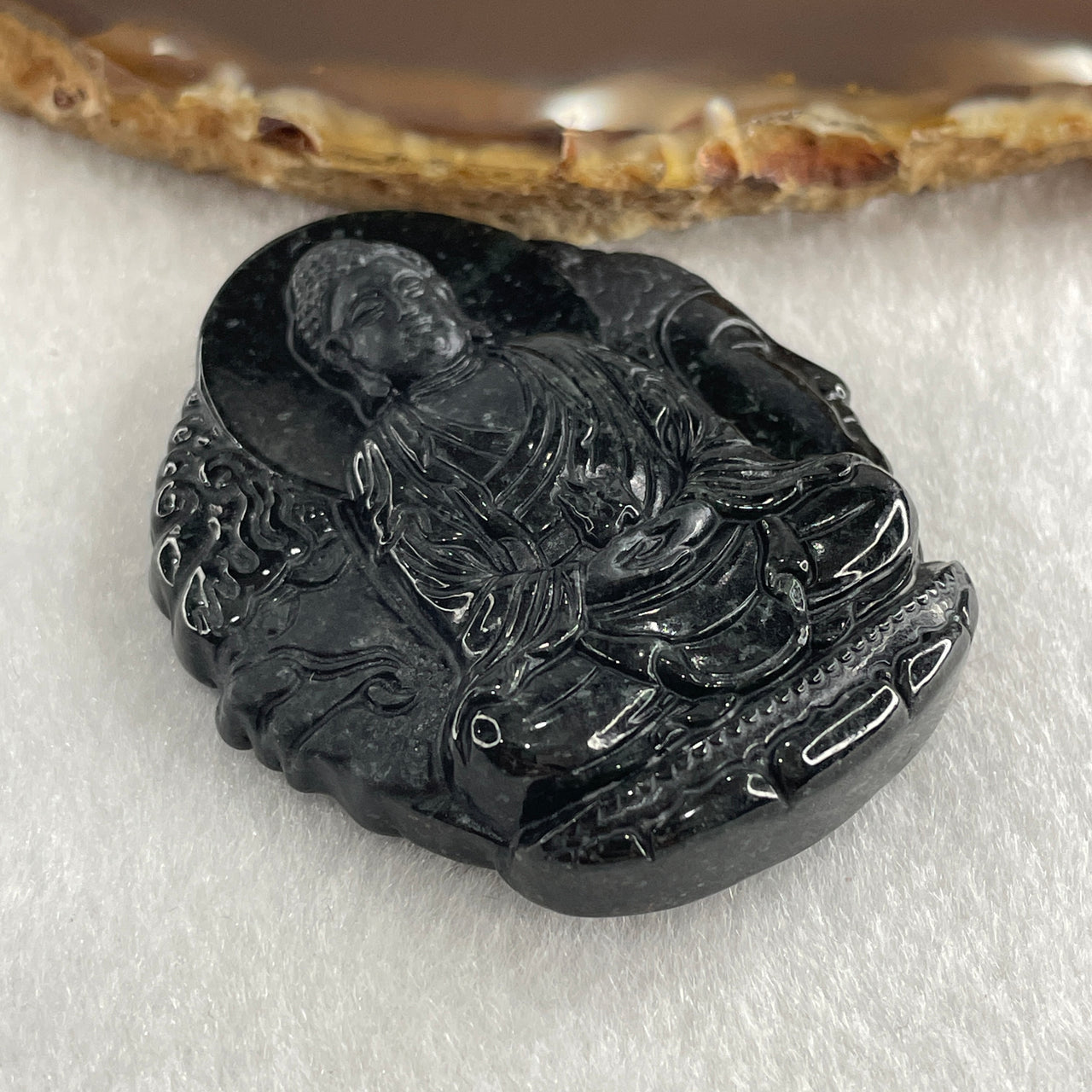 Type A Opaque Black Omphacite Jadeite Good Vs Evil Amitabha Buddha Pendant Dog and Boar Pig Zodiac Guardian 44.61g 50.6 by 43.4 by 12.0mm - Huangs Jadeite and Jewelry Pte Ltd