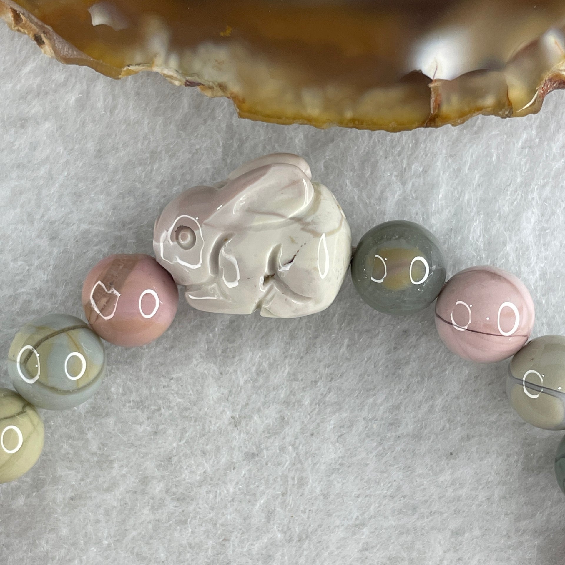 Natural Alashan Agate Pastels Pink Beads with Rabbit Charm Bracelet 17.28g 16cm 7.8mm 23Beads - Huangs Jadeite and Jewelry Pte Ltd
