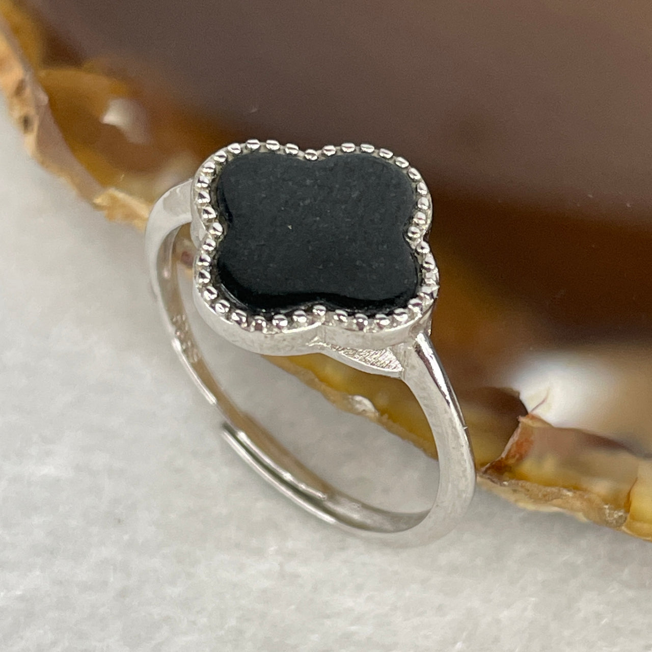 Type A Fully Translucent Black Omphacite Jadeite "Lucky Four-Leaf" Ring | Solid S925 Sterling Silver Setting | Adjustable Sizing | Imperial "Ink-to-Emerald" Serendipity Ring (1.70g 8.6x1.5mm)