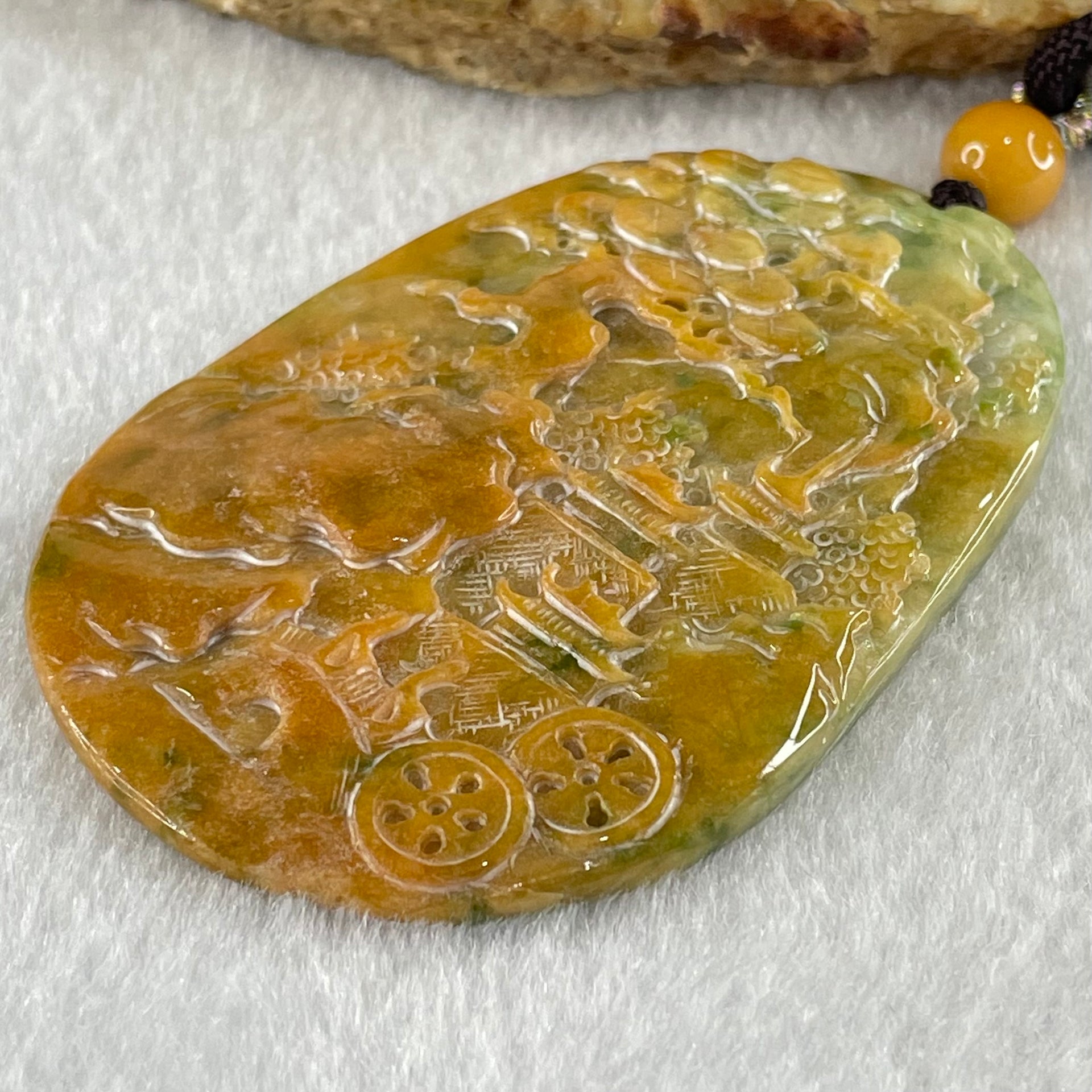 Grandmaster Type A Reddish Brown with Green Patches Jadeite Shan Shui with Twin Gui Ren Benefactor Pendant 黄山美景 36.38g 64.7 by 43.9 by 6.5mm - Huangs Jadeite and Jewelry Pte Ltd
