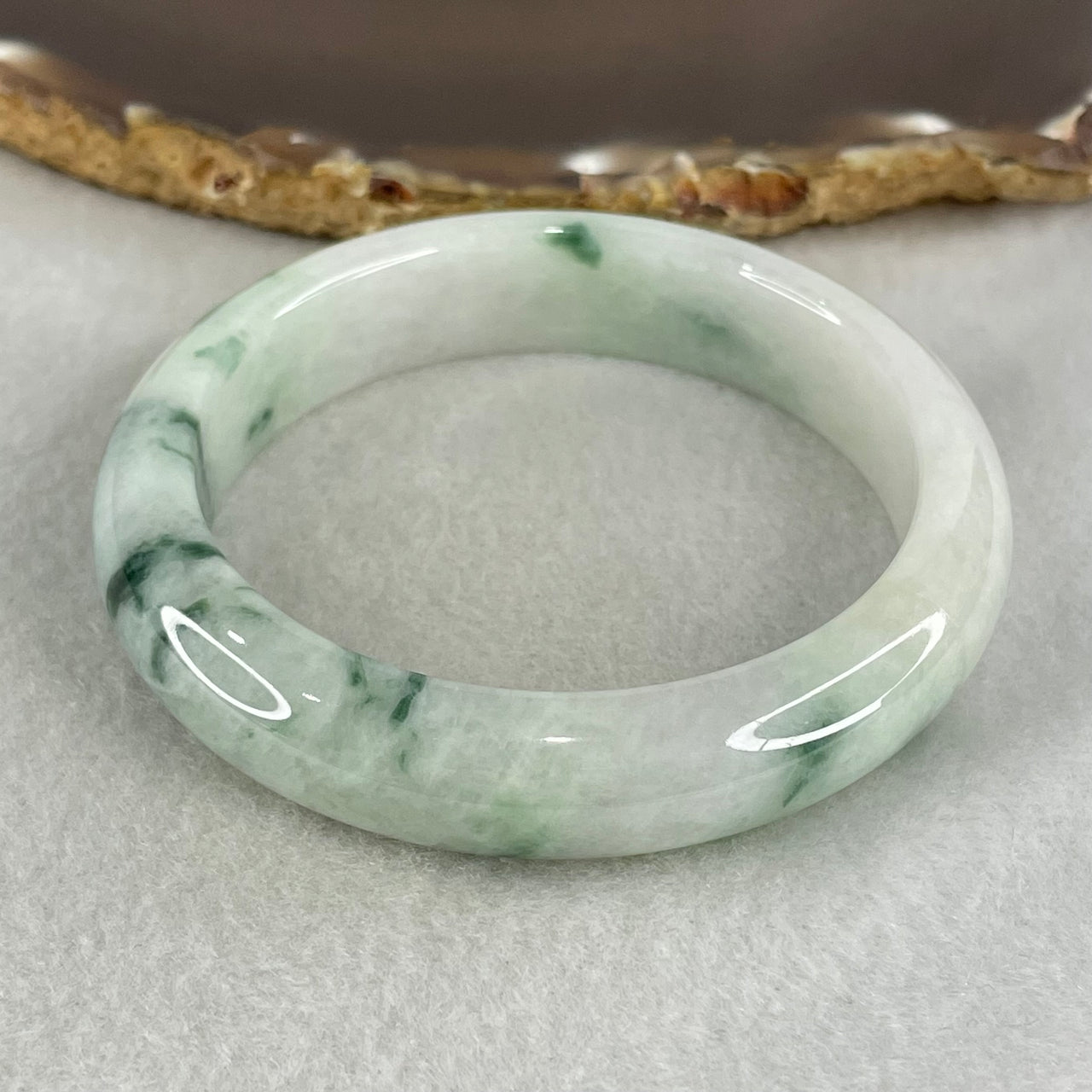 Type A Light Green Light Lavender with Green piao Hua Floral Jadeite Bangle 55.86g Inner Diameter 55.2mm 13.0 by 8.9mm (Very Slight Internal Lines) - Huangs Jadeite and Jewelry Pte Ltd
