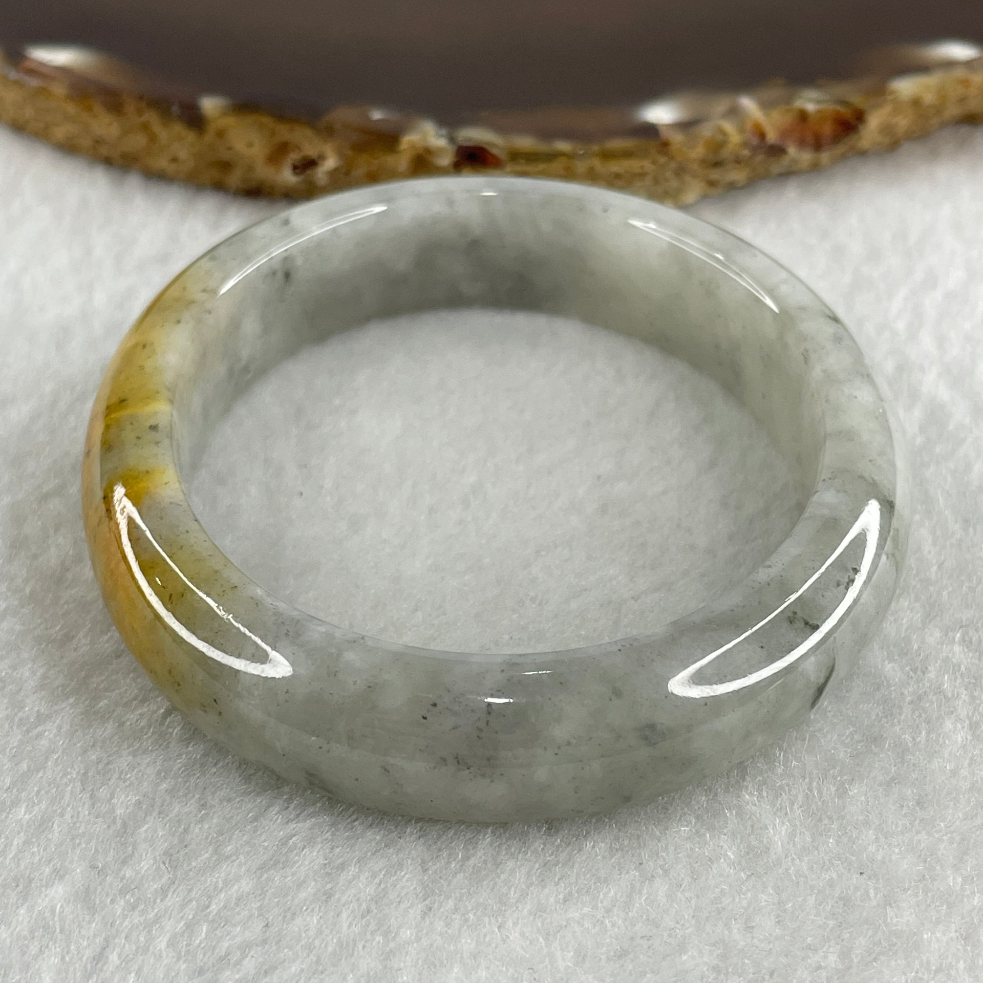 Type A Green Wuji Grey with Yellow Patches Jadeite Oval Bangle Internal Diameter 55.7mm 50.82g 12.7 by 7.7mm ( Slight External Line ) - Huangs Jadeite and Jewelry Pte Ltd