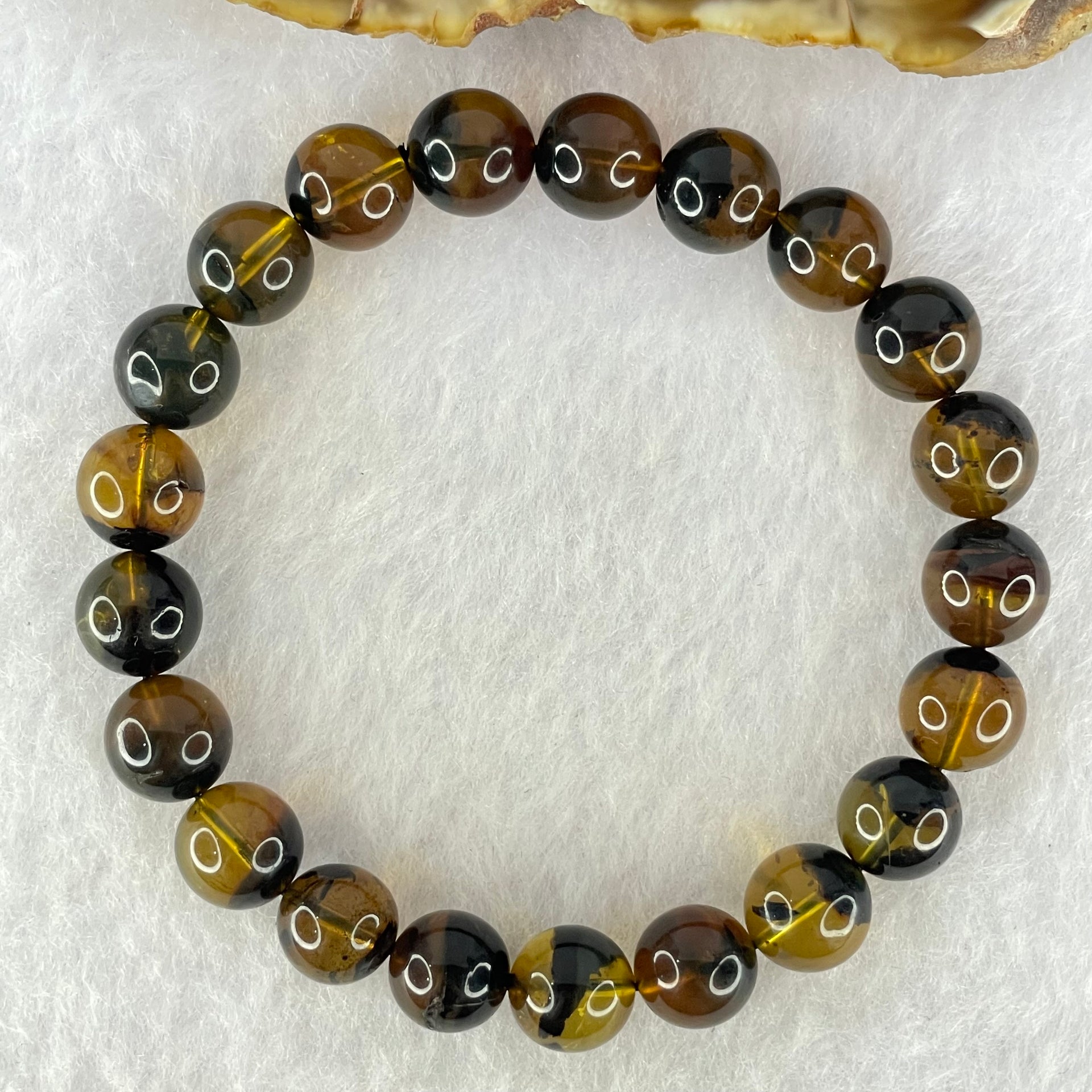 Natural Brownish Yellow Flower Medicine Amber Beads Bracelet 9.45g 16.5cm 9.4mm 21 Beads - Huangs Jadeite and Jewelry Pte Ltd